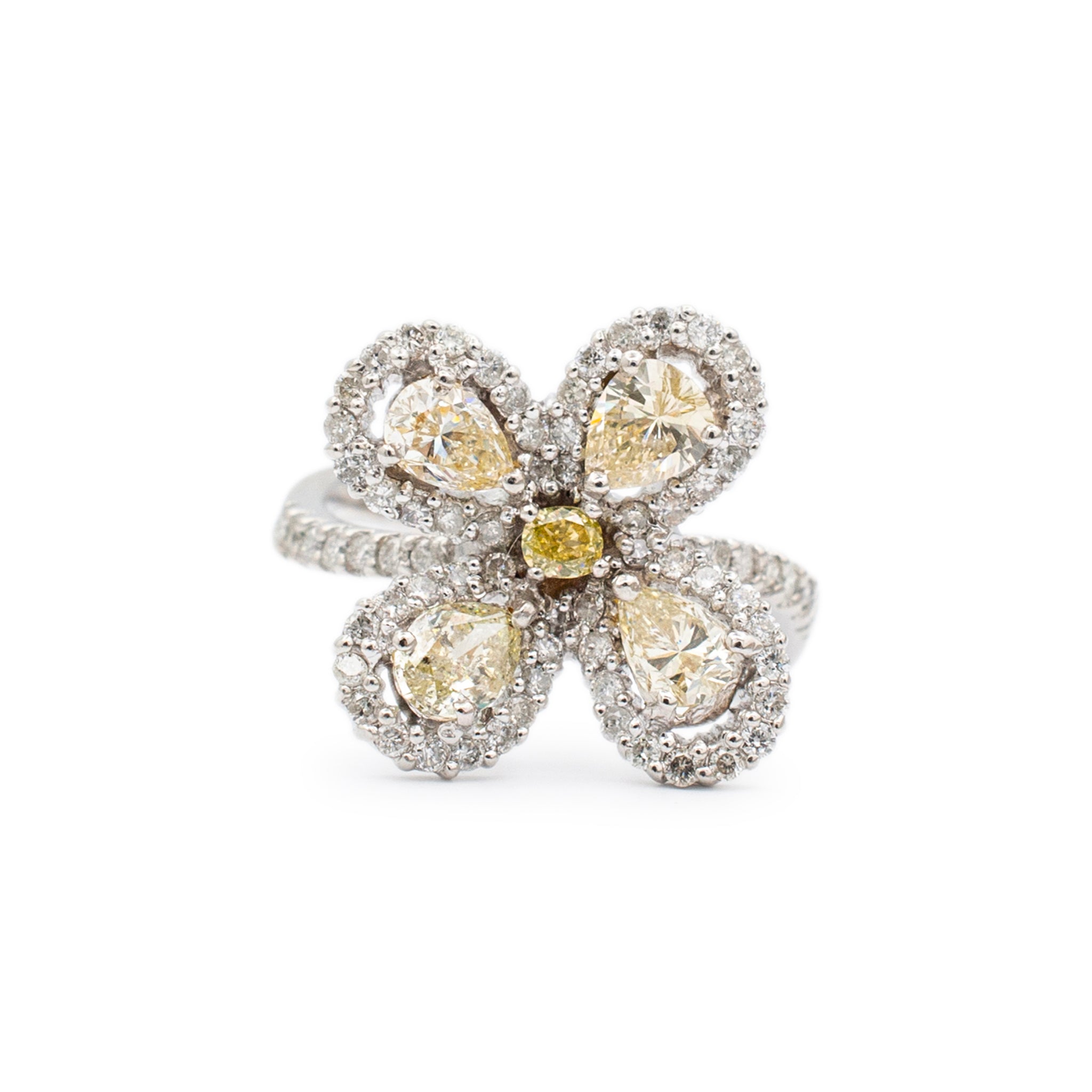 Ladies 18K White Gold Twisted Shank Fancy Yellow Diamond Flower Cocktail Ring