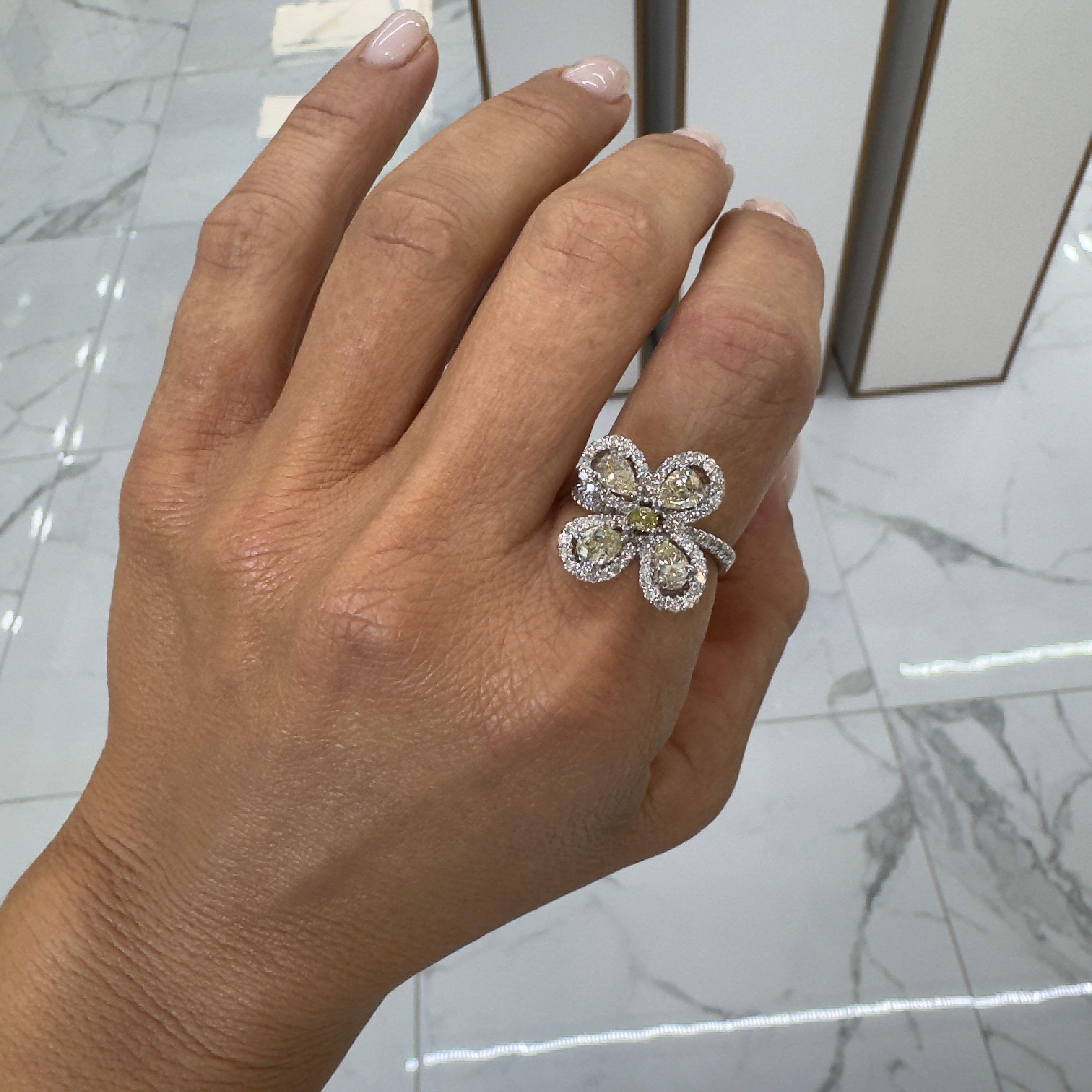 Ladies 18K White Gold Twisted Shank Fancy Yellow Diamond Flower Cocktail Ring