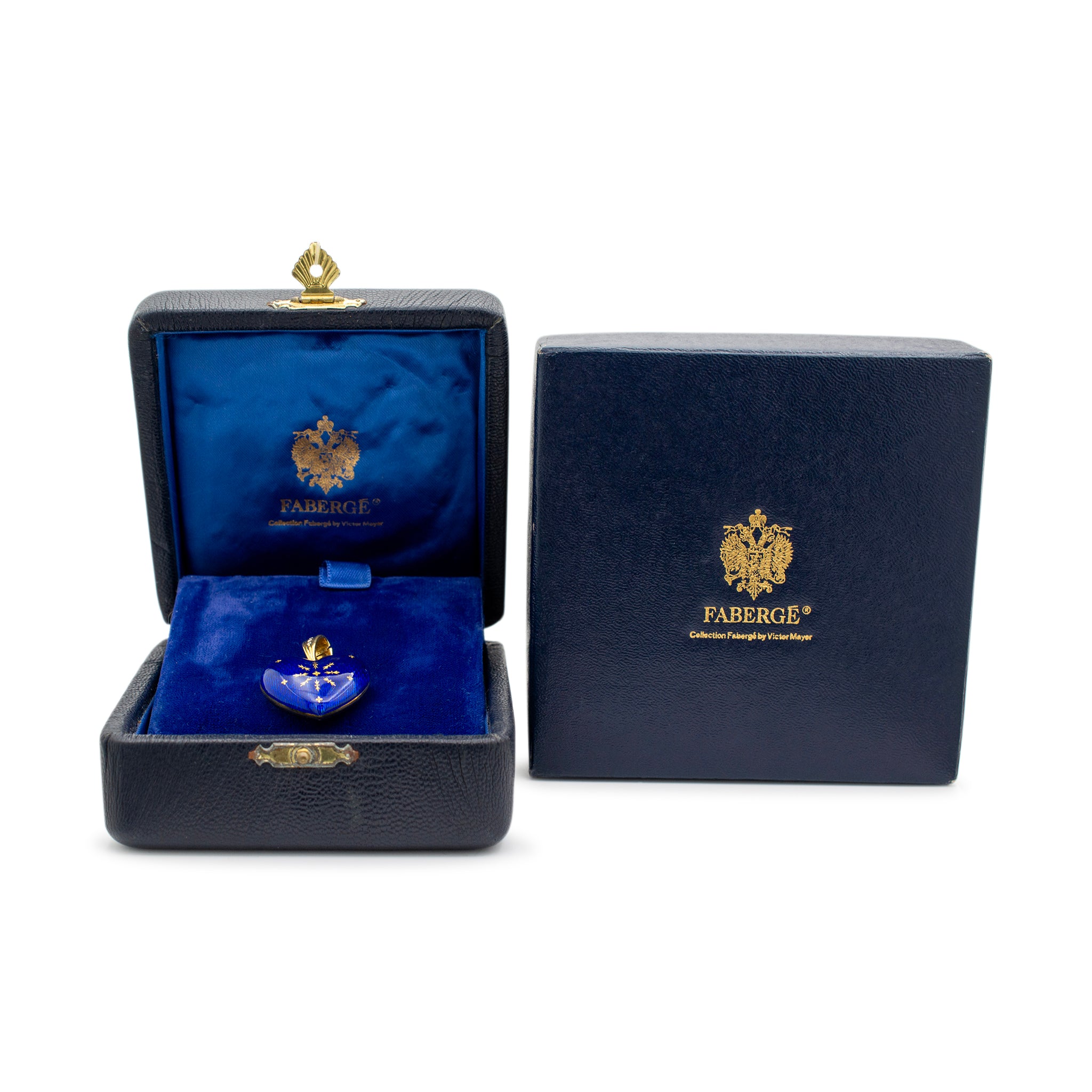 Vintage Faberge Victor Mayer 18K Yellow Gold Blue Enamel Diamond Heart Pendant