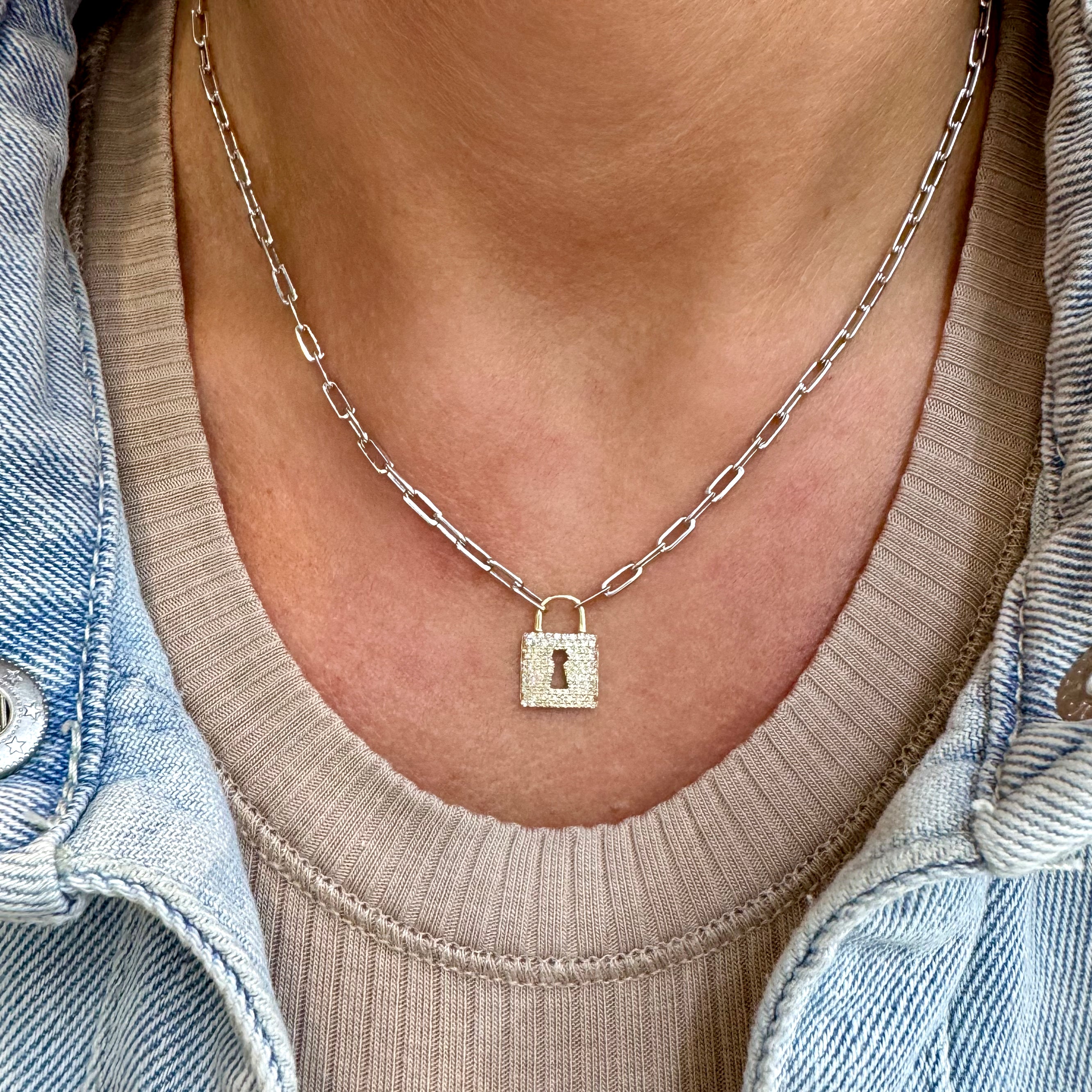 Ladies 14K White & Yellow Gold Pave Diamond Locket Pendant Necklace