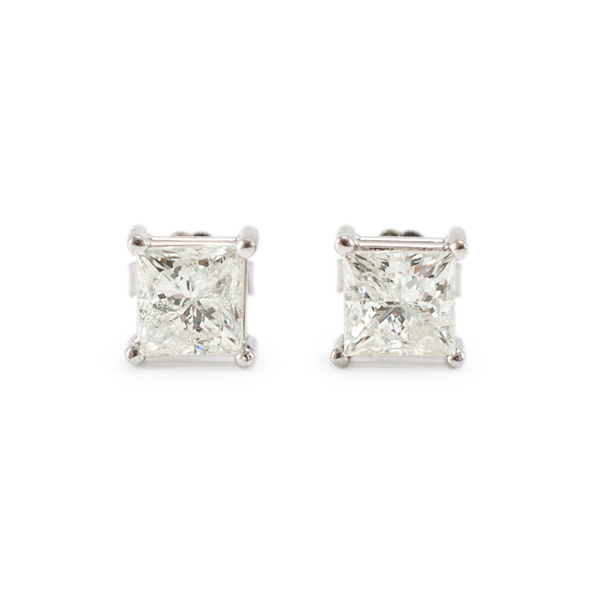 14K White Gold 2.20ct Princess Cut Diamond Push Back Stud Earrings