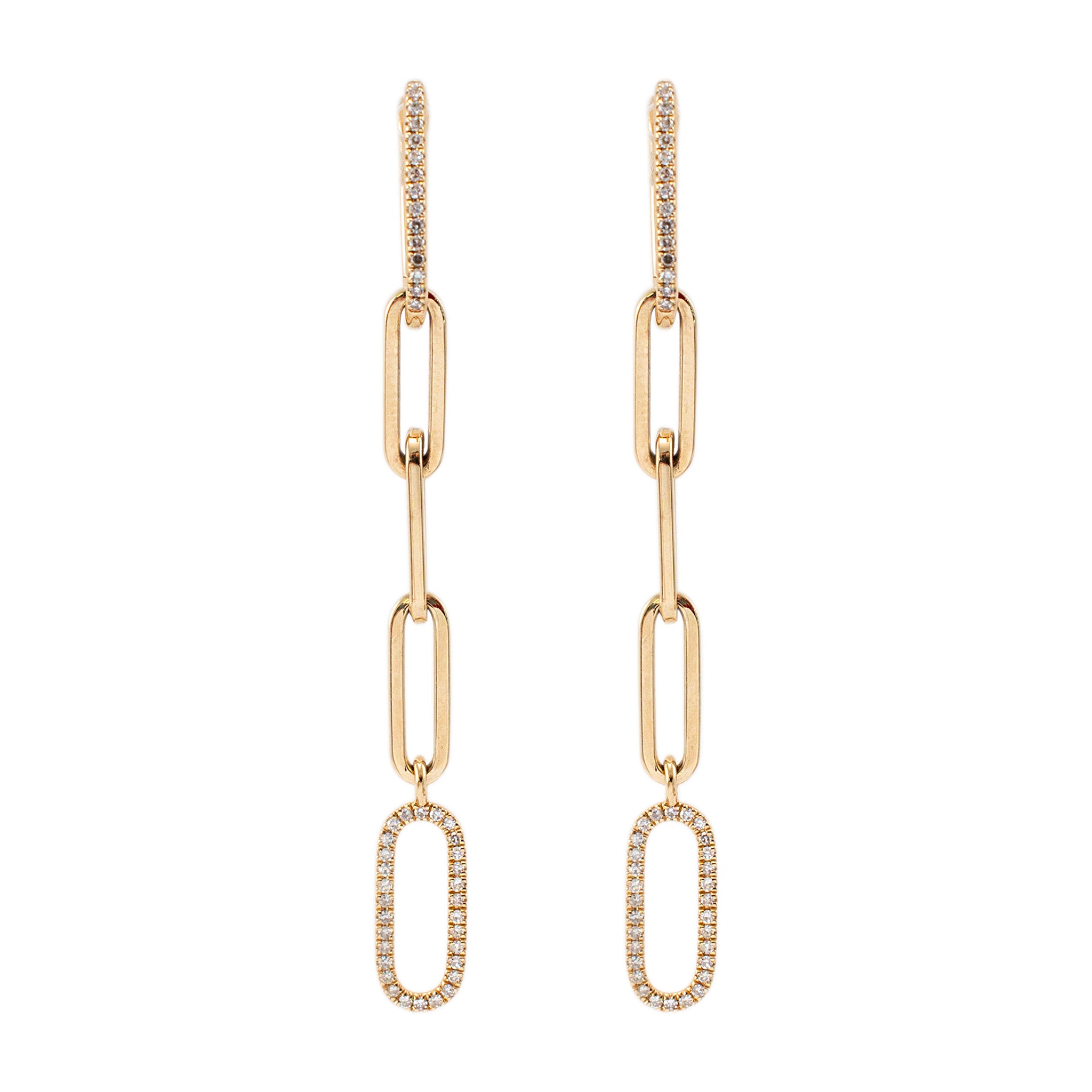 Ladies 14K Yellow Gold Oval Link Paper Clip Diamond Drop Dangle Earrings