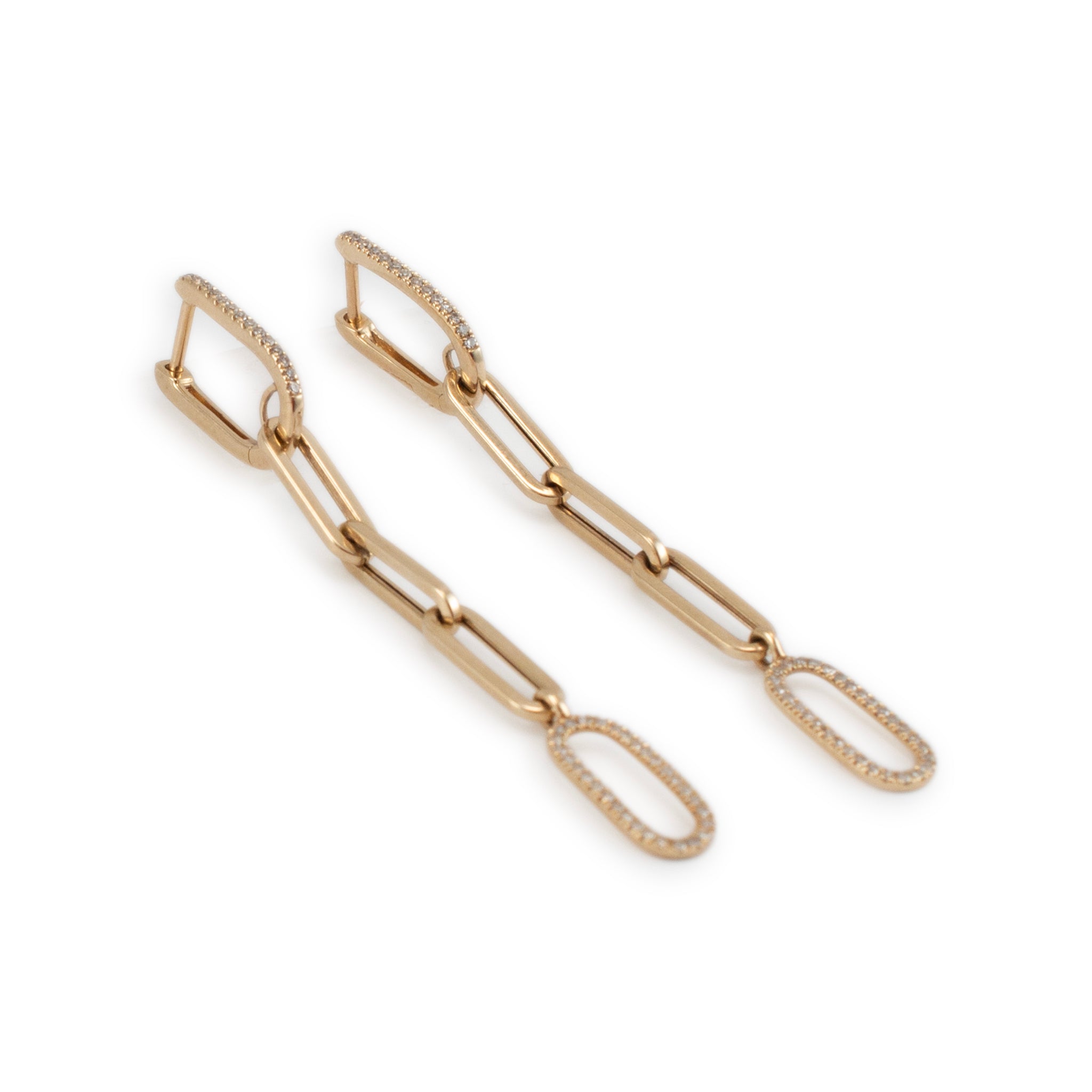 Ladies 14K Yellow Gold Oval Link Paper Clip Diamond Drop Dangle Earrings