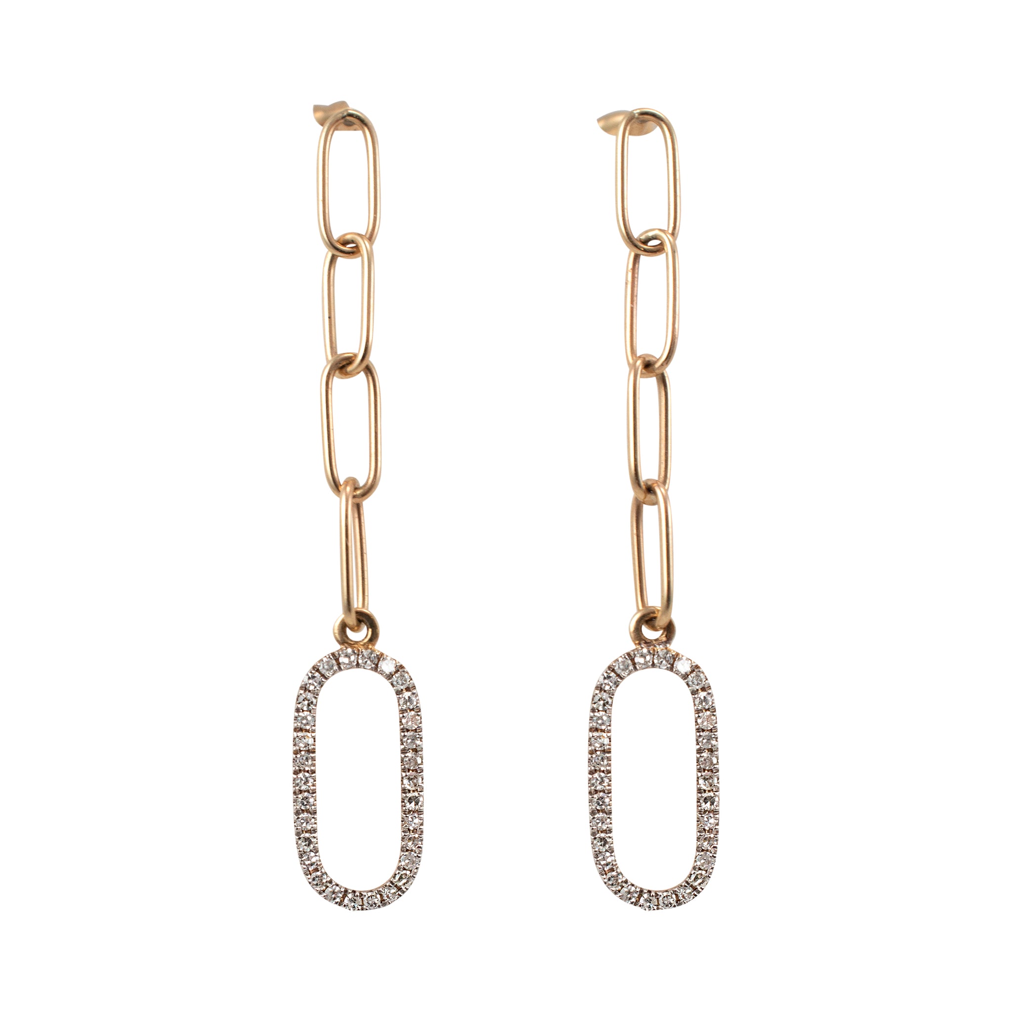 Ladies 14K Yellow Gold Oval Link Paper Clip Pave Diamond Dangle Earrings