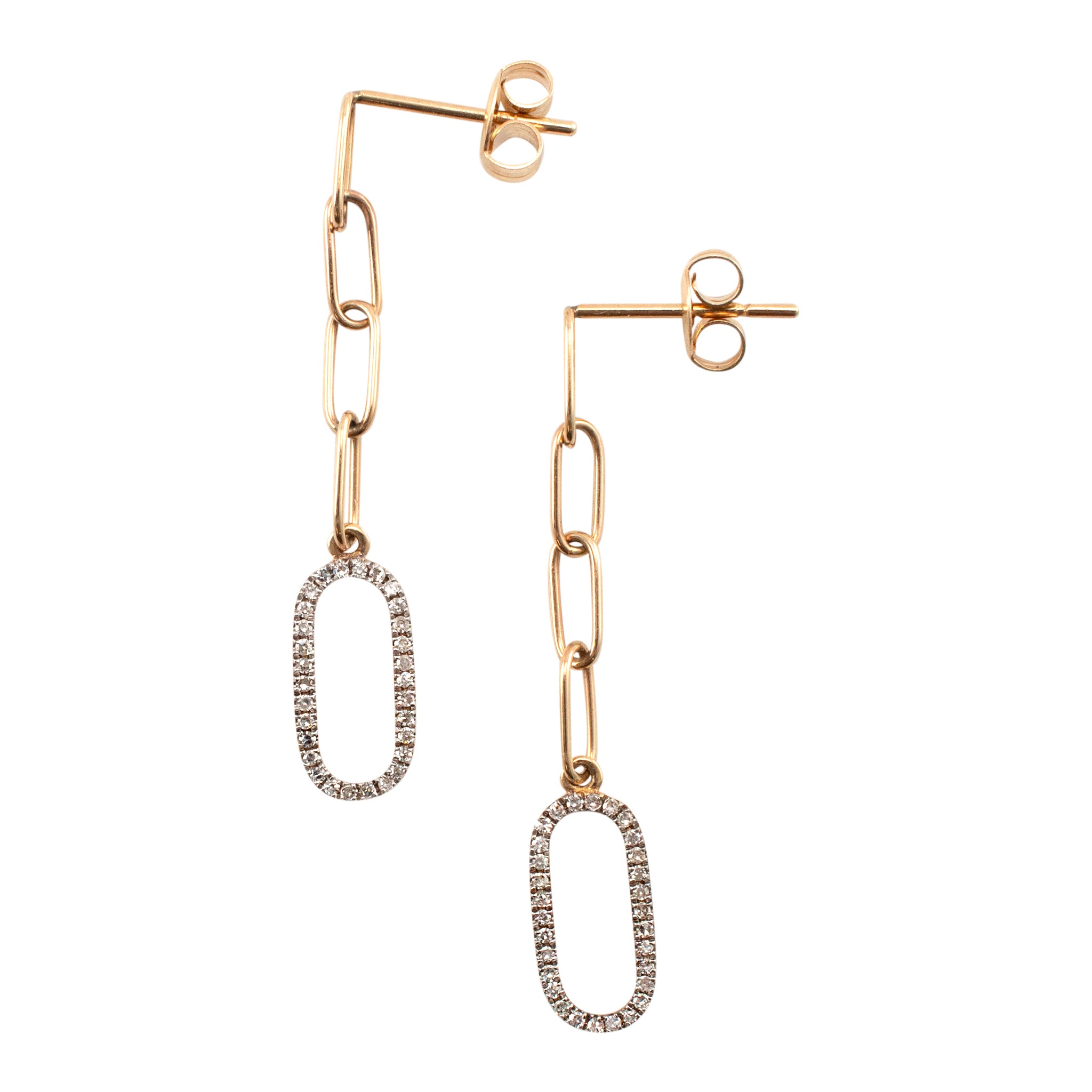 Ladies 14K Yellow Gold Oval Link Paper Clip Pave Diamond Dangle Earrings