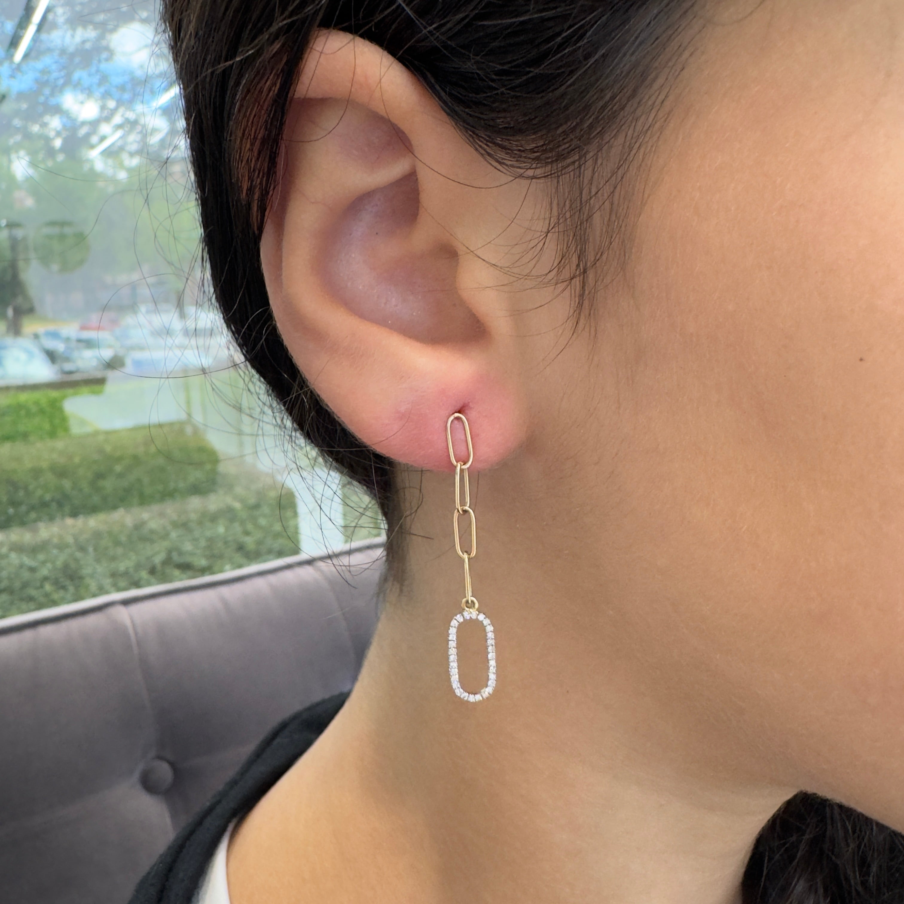 Ladies 14K Yellow Gold Oval Link Paper Clip Pave Diamond Dangle Earrings