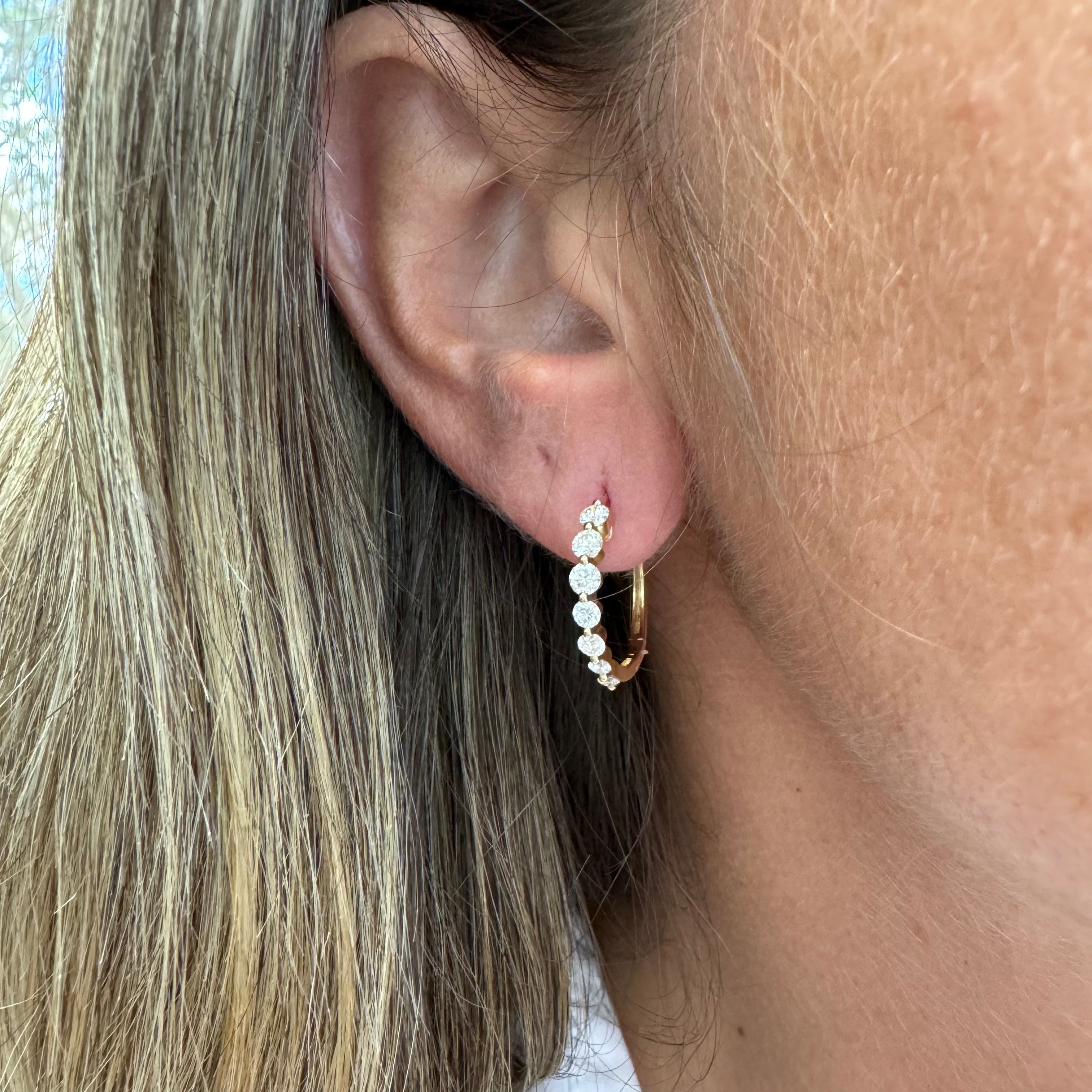 Ladies 14K Yellow Gold Half Eternity Graduated Diamond Mini Hoop Earrings