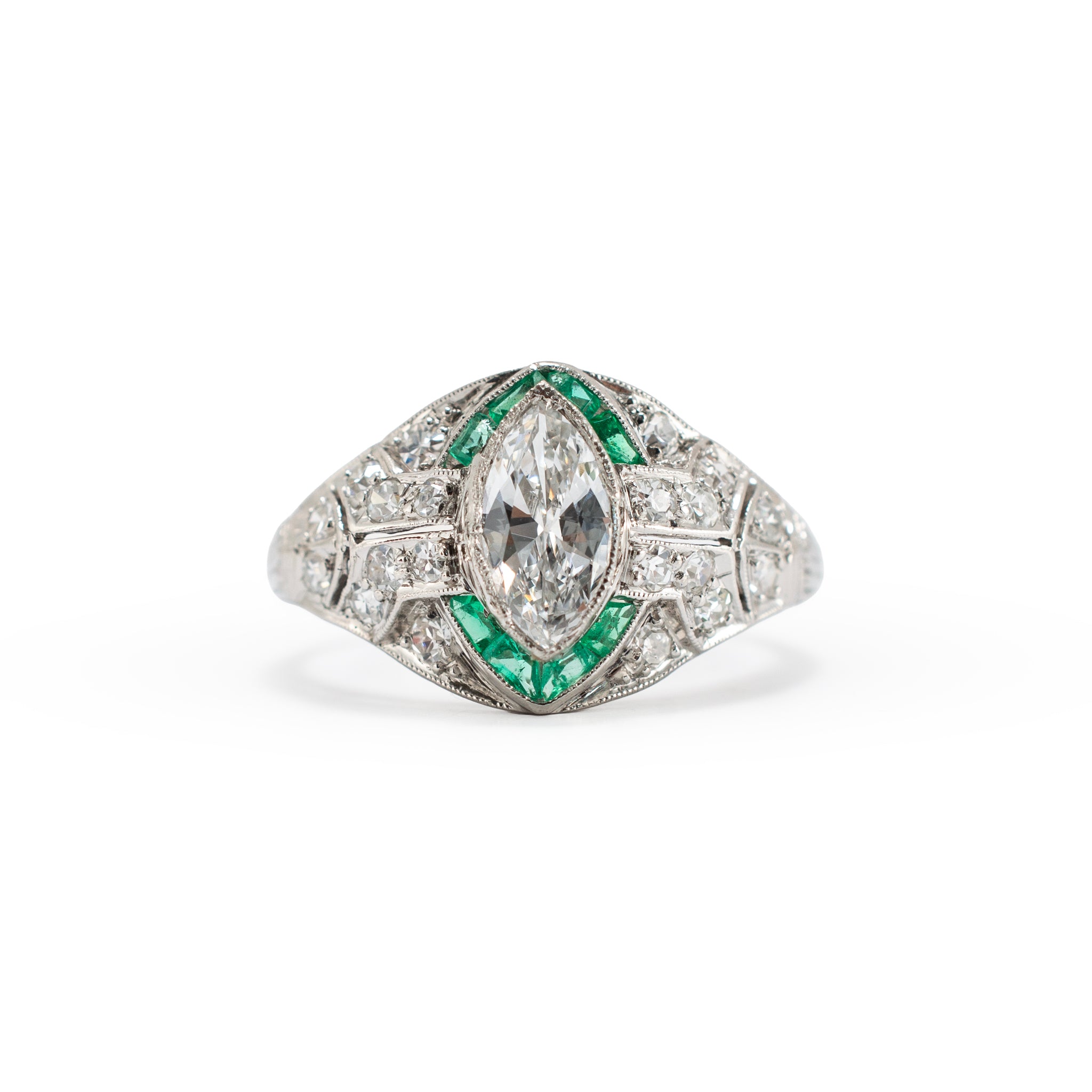 Antique Art Deco Platinum 0.97ctw Marquise Diamond Halo Emerald Engagement Ring