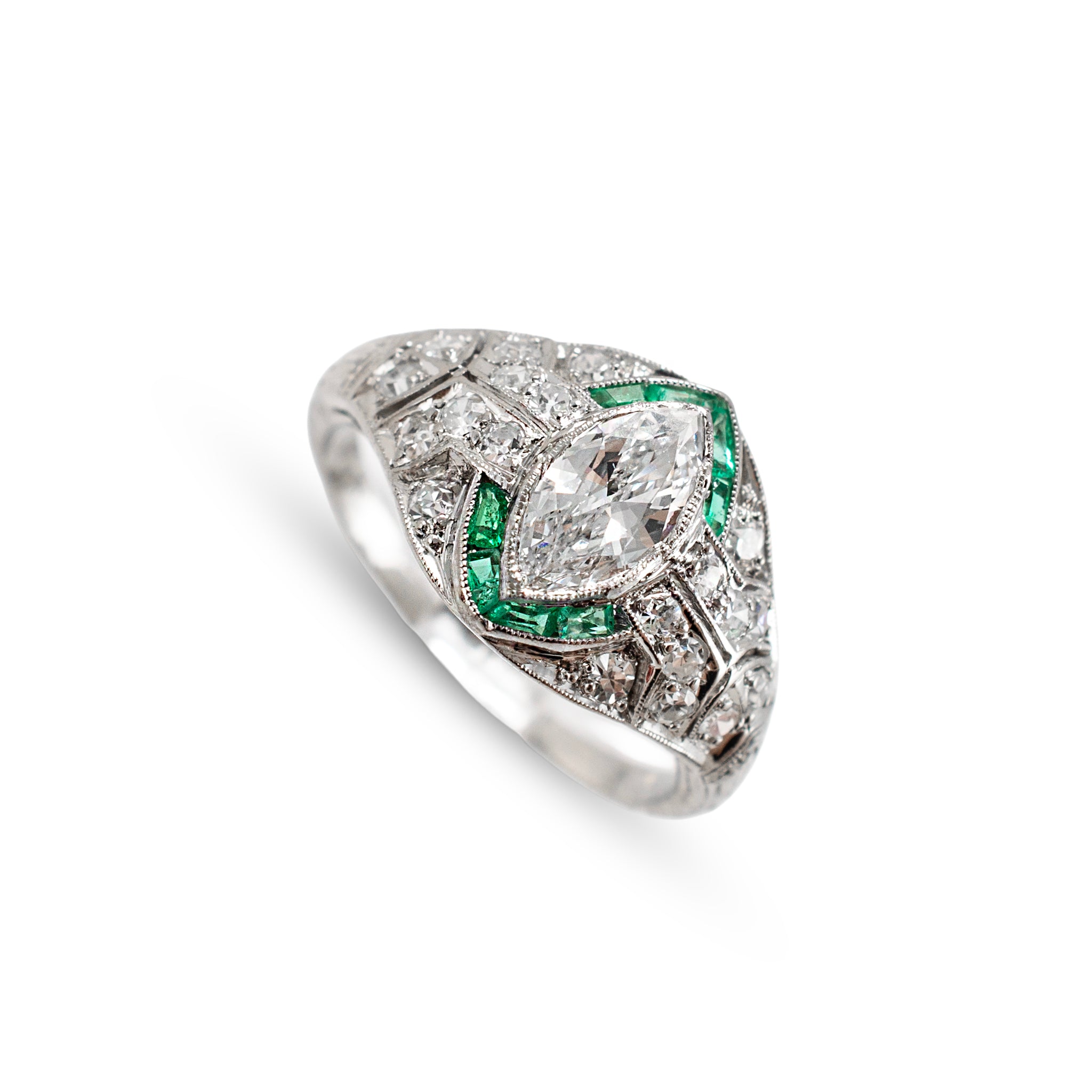 Antique Art Deco Platinum 0.97ctw Marquise Diamond Halo Emerald Engagement Ring