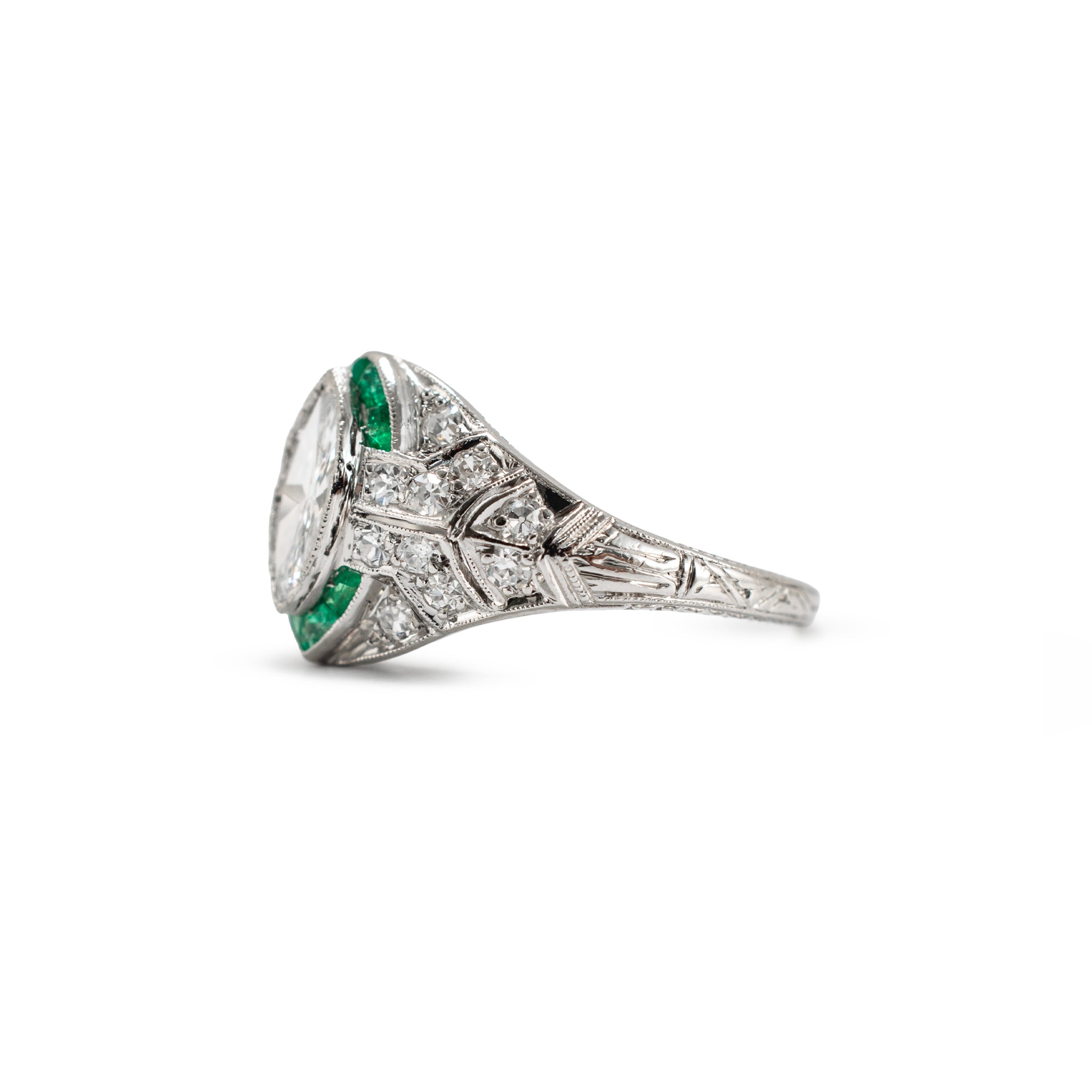 Antique Art Deco Platinum 0.97ctw Marquise Diamond Halo Emerald Engagement Ring