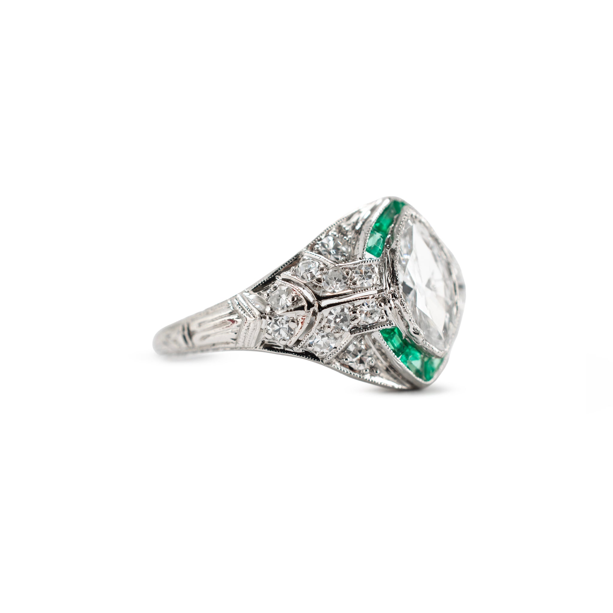 Antique Art Deco Platinum 0.97ctw Marquise Diamond Halo Emerald Engagement Ring
