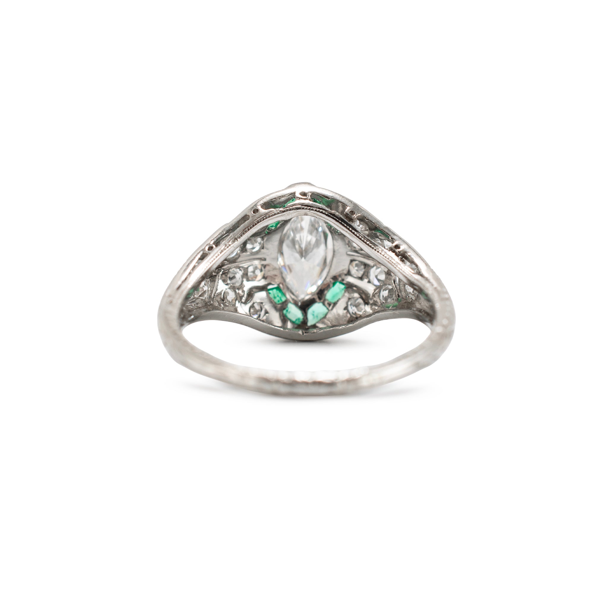 Antique Art Deco Platinum 0.97ctw Marquise Diamond Halo Emerald Engagement Ring