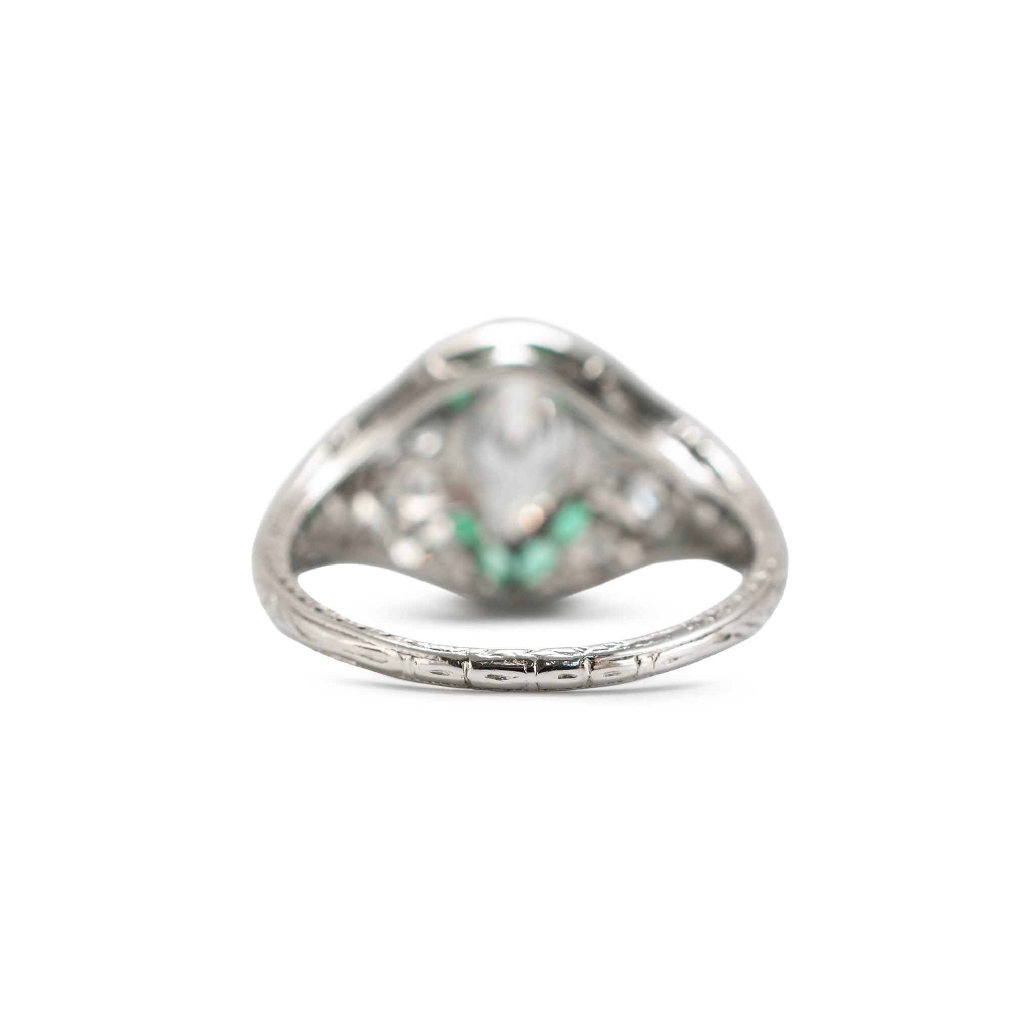 Antique Art Deco Platinum 0.97ctw Marquise Diamond Halo Emerald Engagement Ring