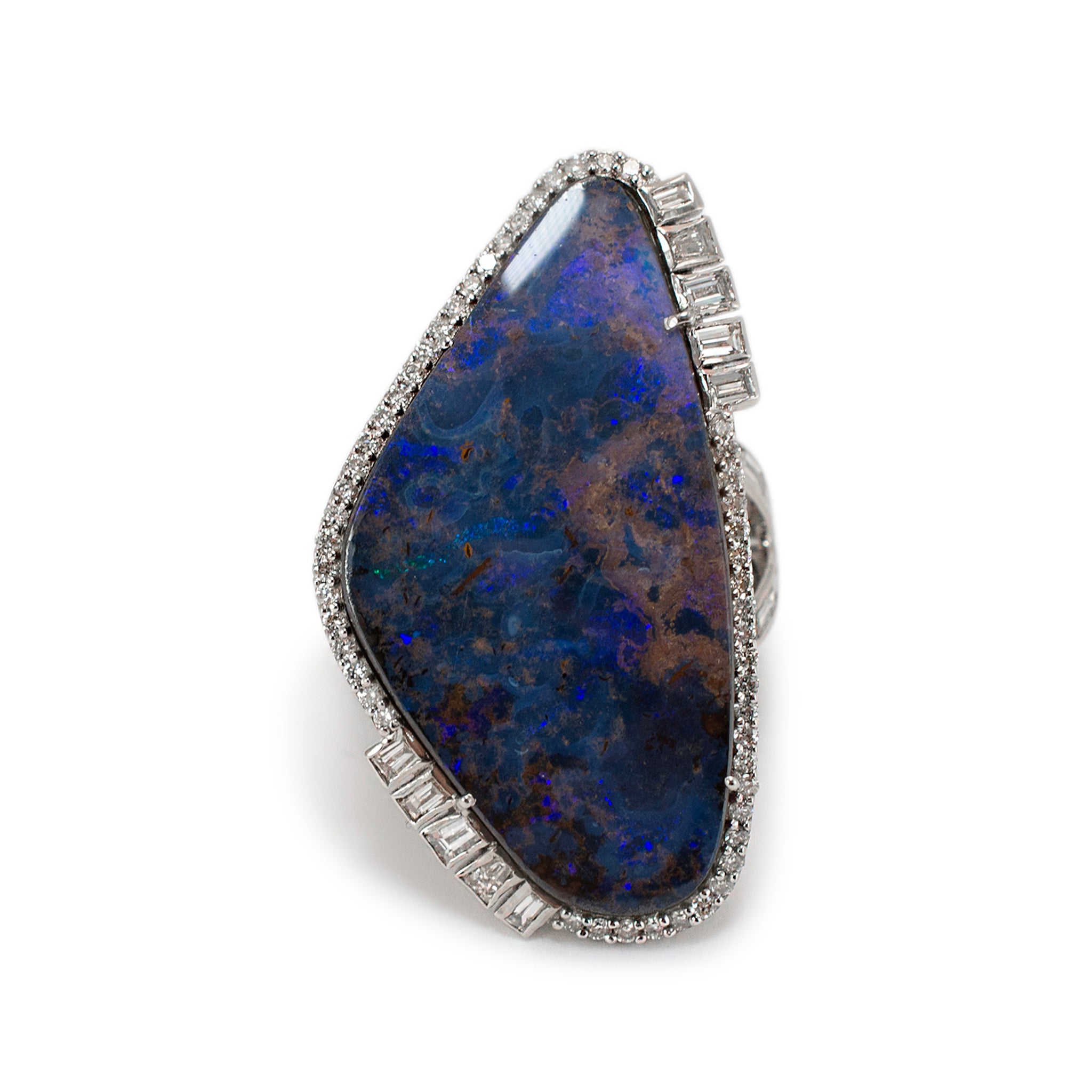 Vintage 18K White Gold Blue Opal Doublet Halo Diamond Cocktail Ring