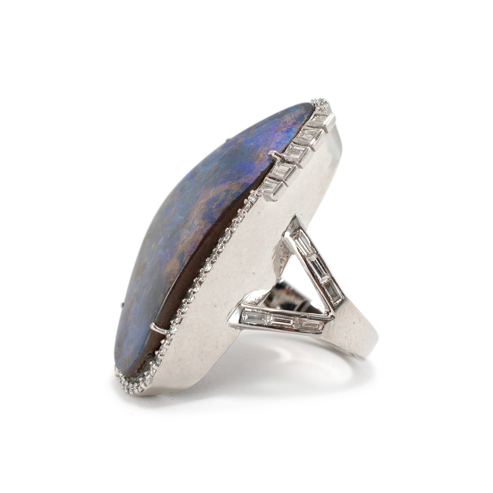 Vintage 18K White Gold Blue Opal Doublet Halo Diamond Cocktail Ring