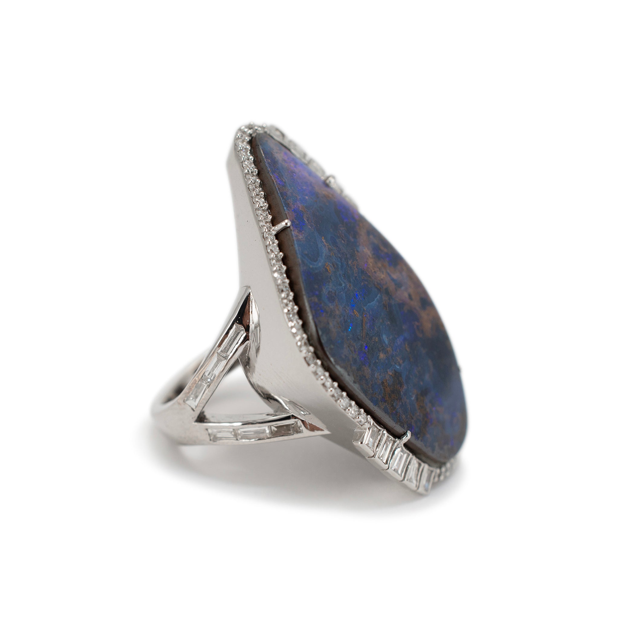 Vintage 18K White Gold Blue Opal Doublet Halo Diamond Cocktail Ring