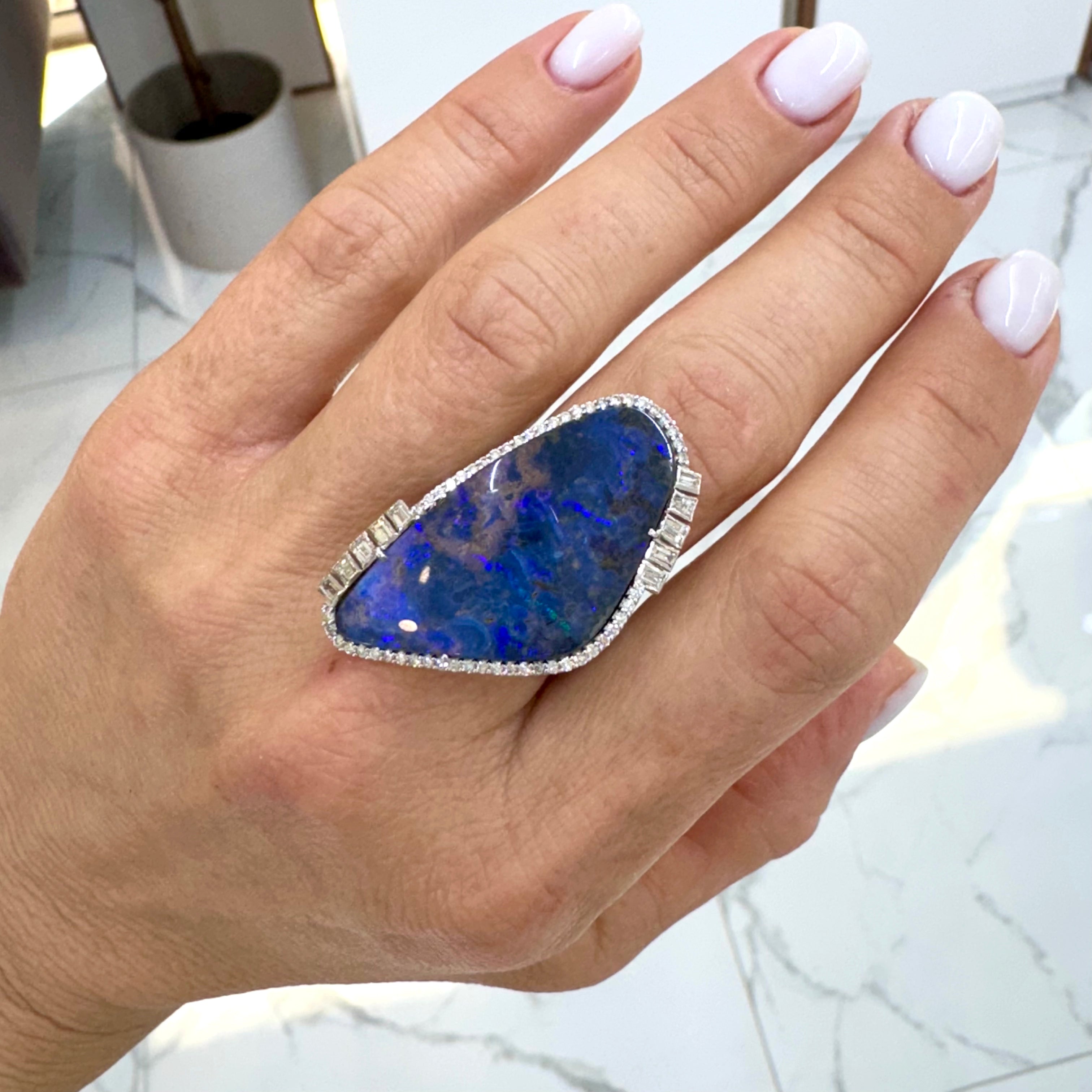 Vintage 18K White Gold Blue Opal Doublet Halo Diamond Cocktail Ring