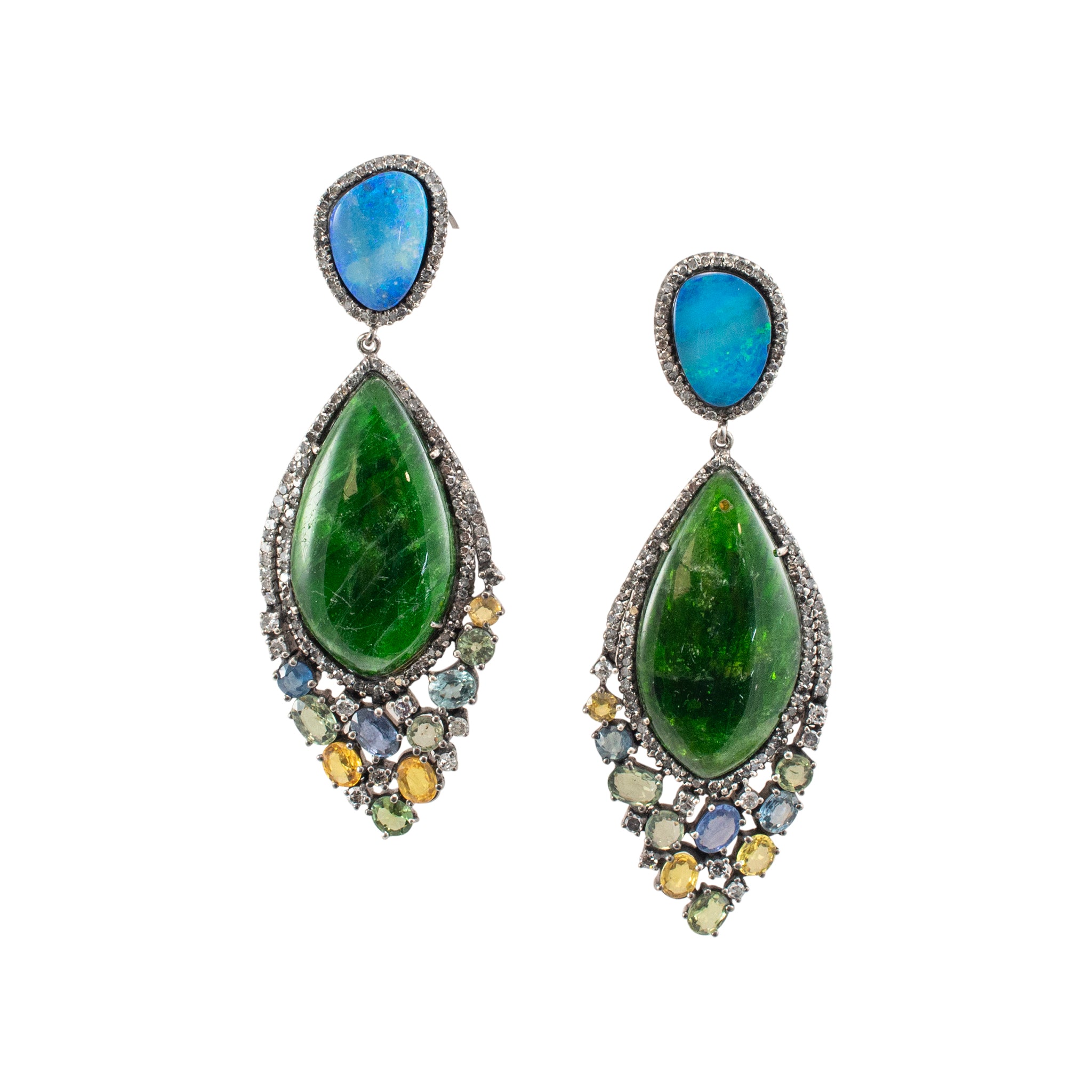 Vintage Silver Tourmaline Opal Multi Color Sapphire & Diamond Drop Earrings