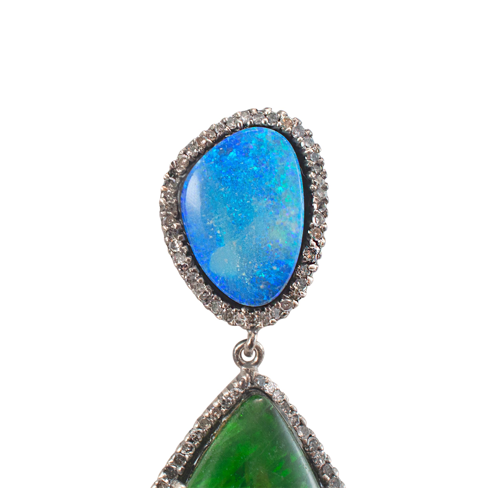 Vintage Silver Tourmaline Opal Multi Color Sapphire & Diamond Drop Earrings