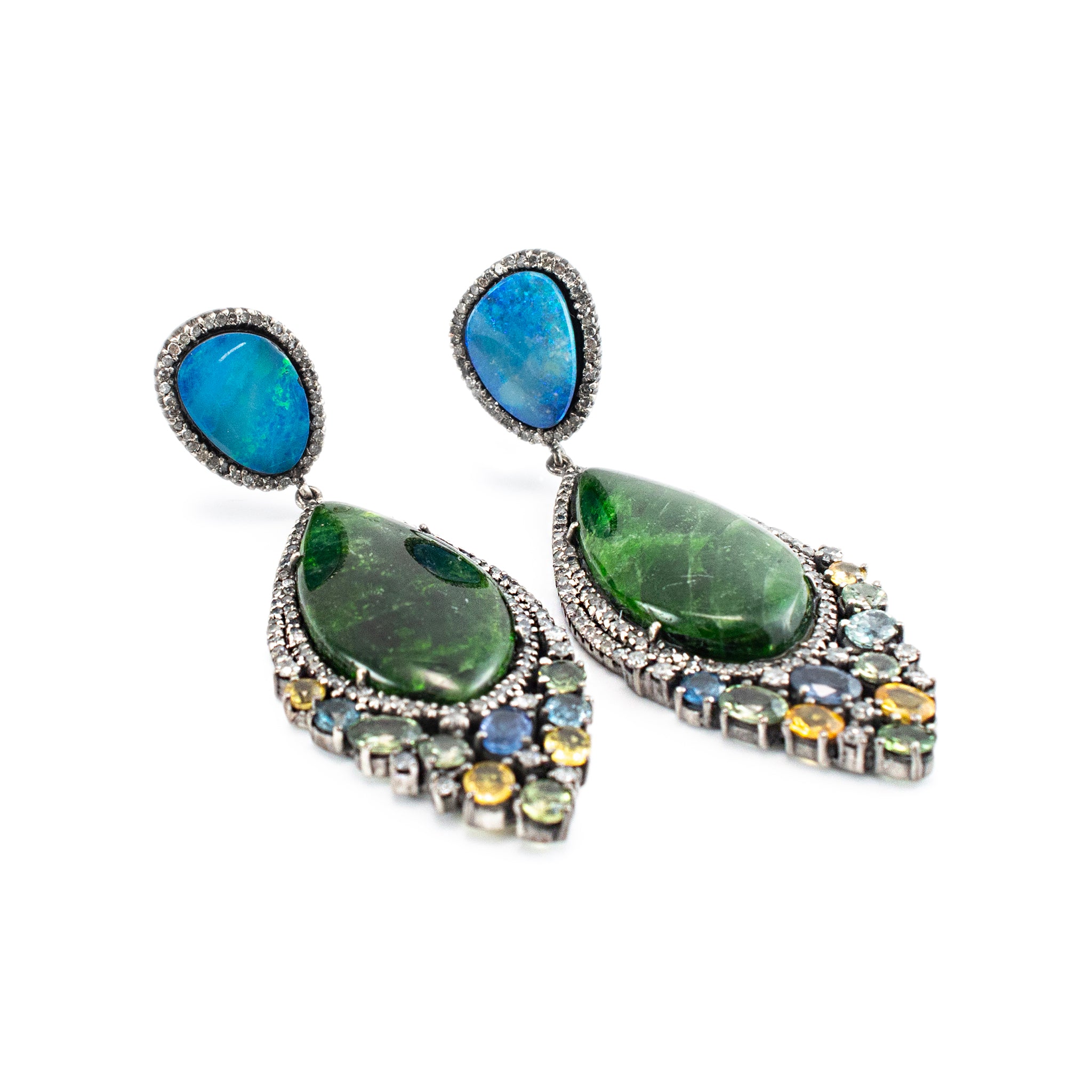 Vintage Silver Tourmaline Opal Multi Color Sapphire & Diamond Drop Earrings