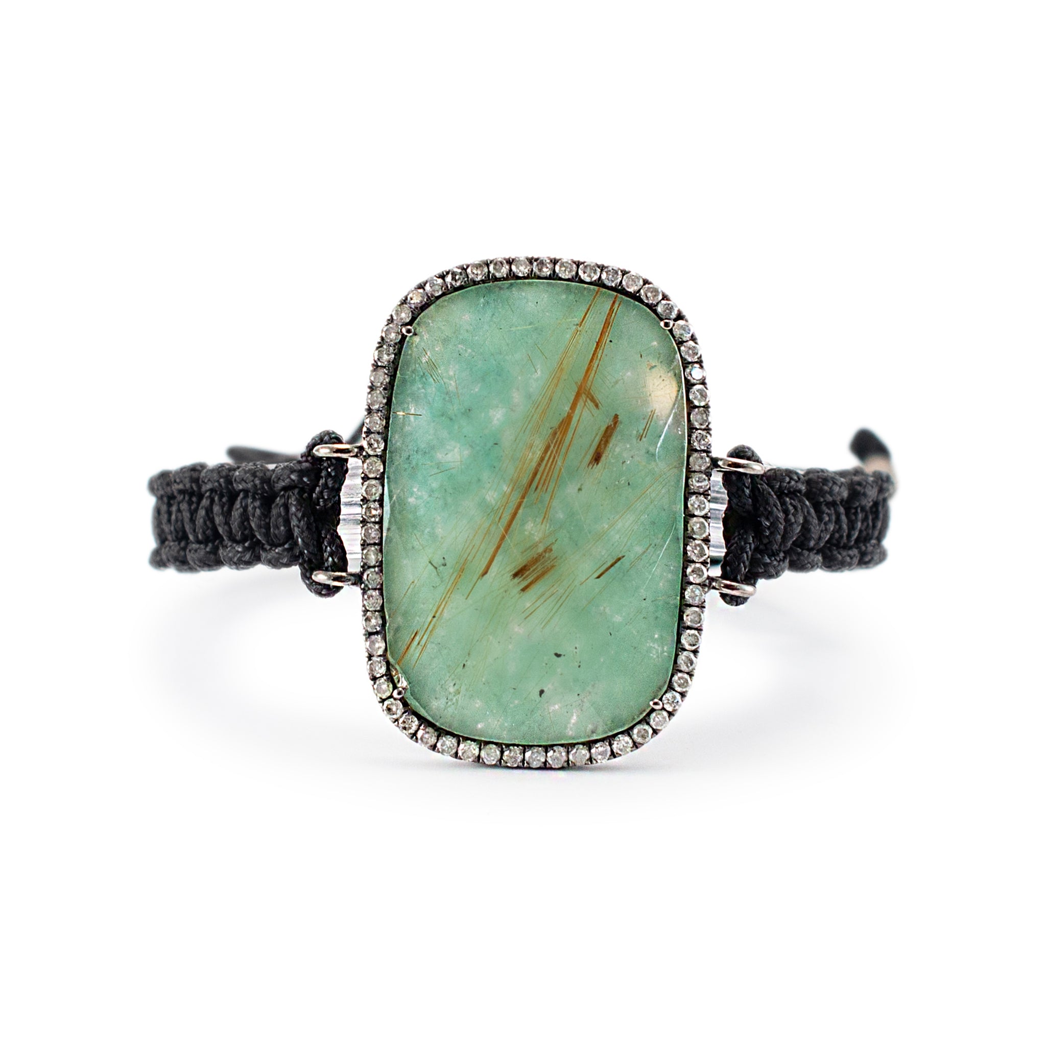 Vintage 925 Sterling Amazonite Halo Diamond Braided Rope Bracelet