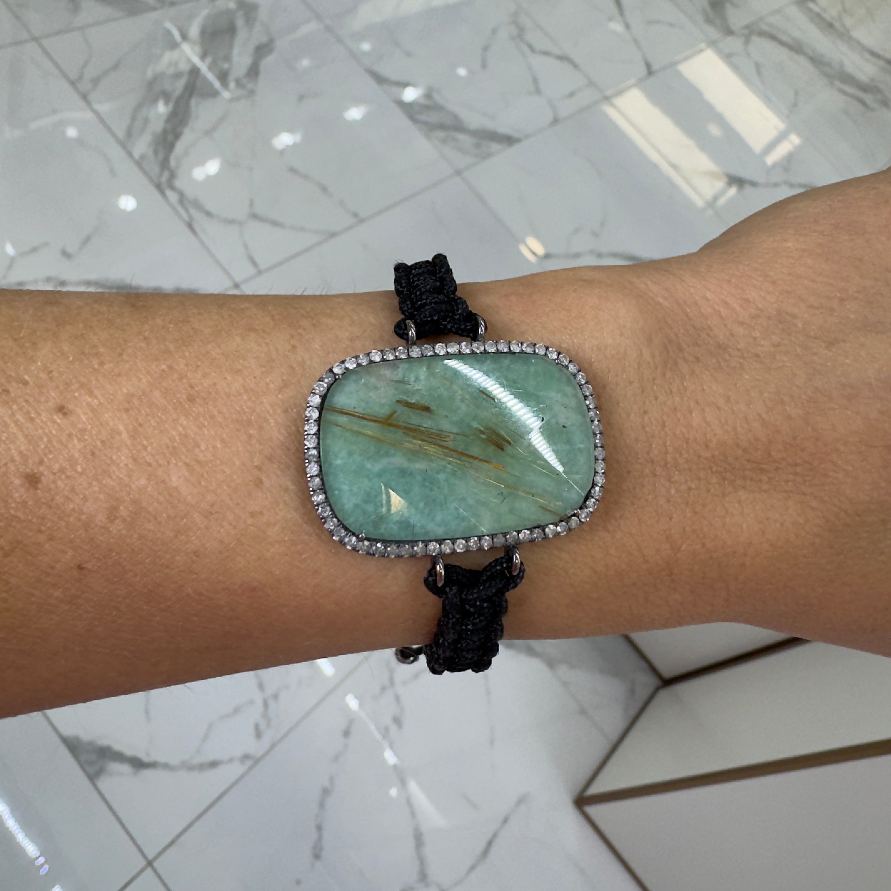 Vintage 925 Sterling Amazonite Halo Diamond Braided Rope Bracelet