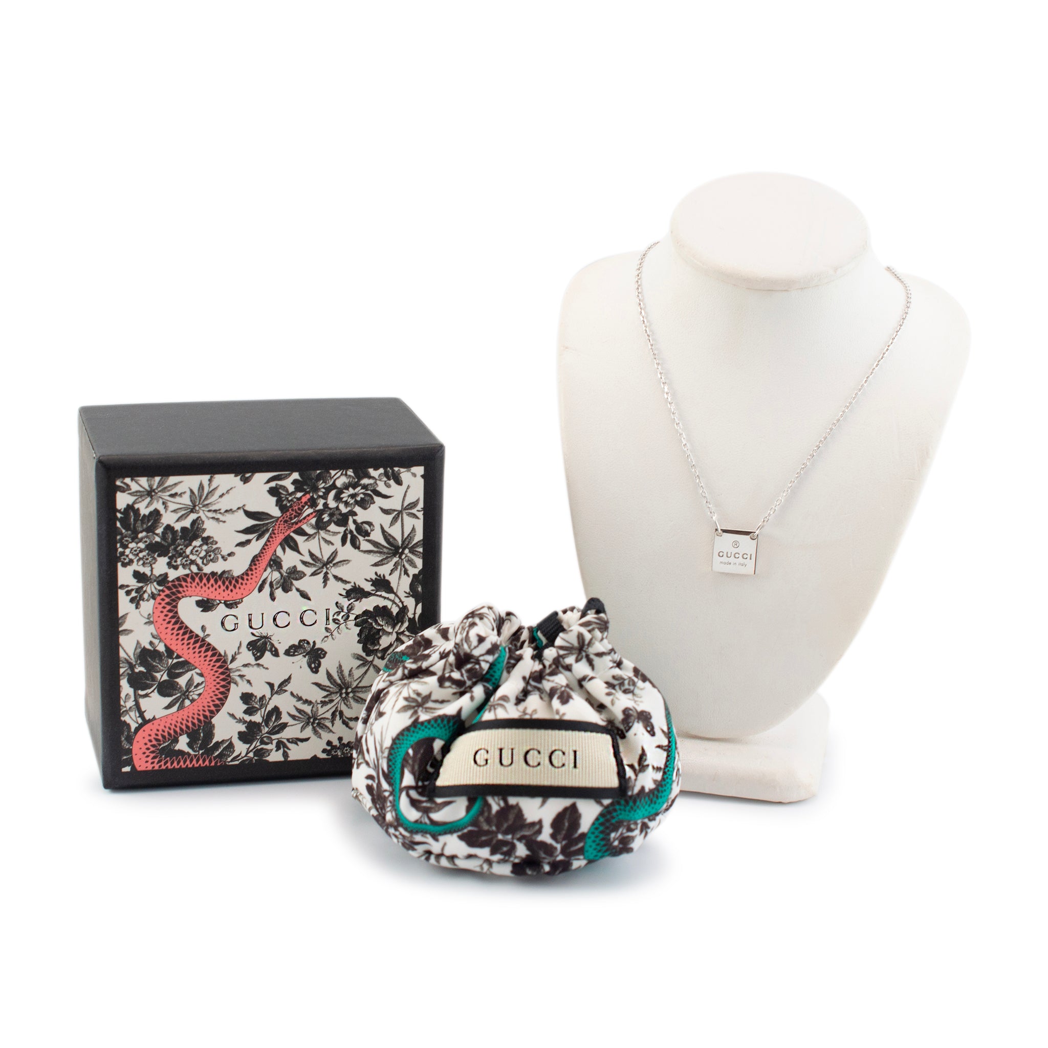 Gucci 925 Sterling Silver Ladies Square Tag Pendant Necklace