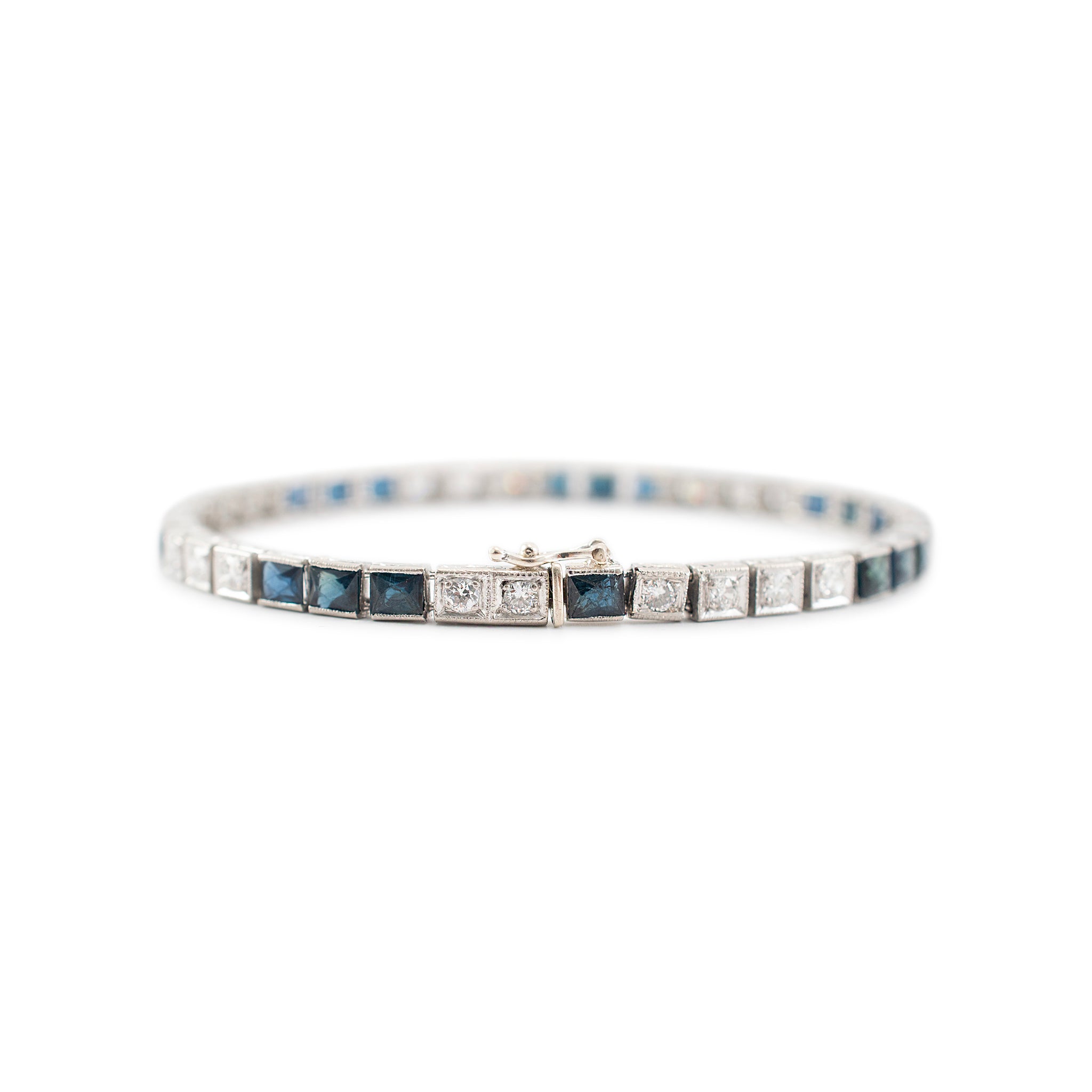Antique Art Deco Platinum Old European Diamond & Sapphire Tennis Bracelet