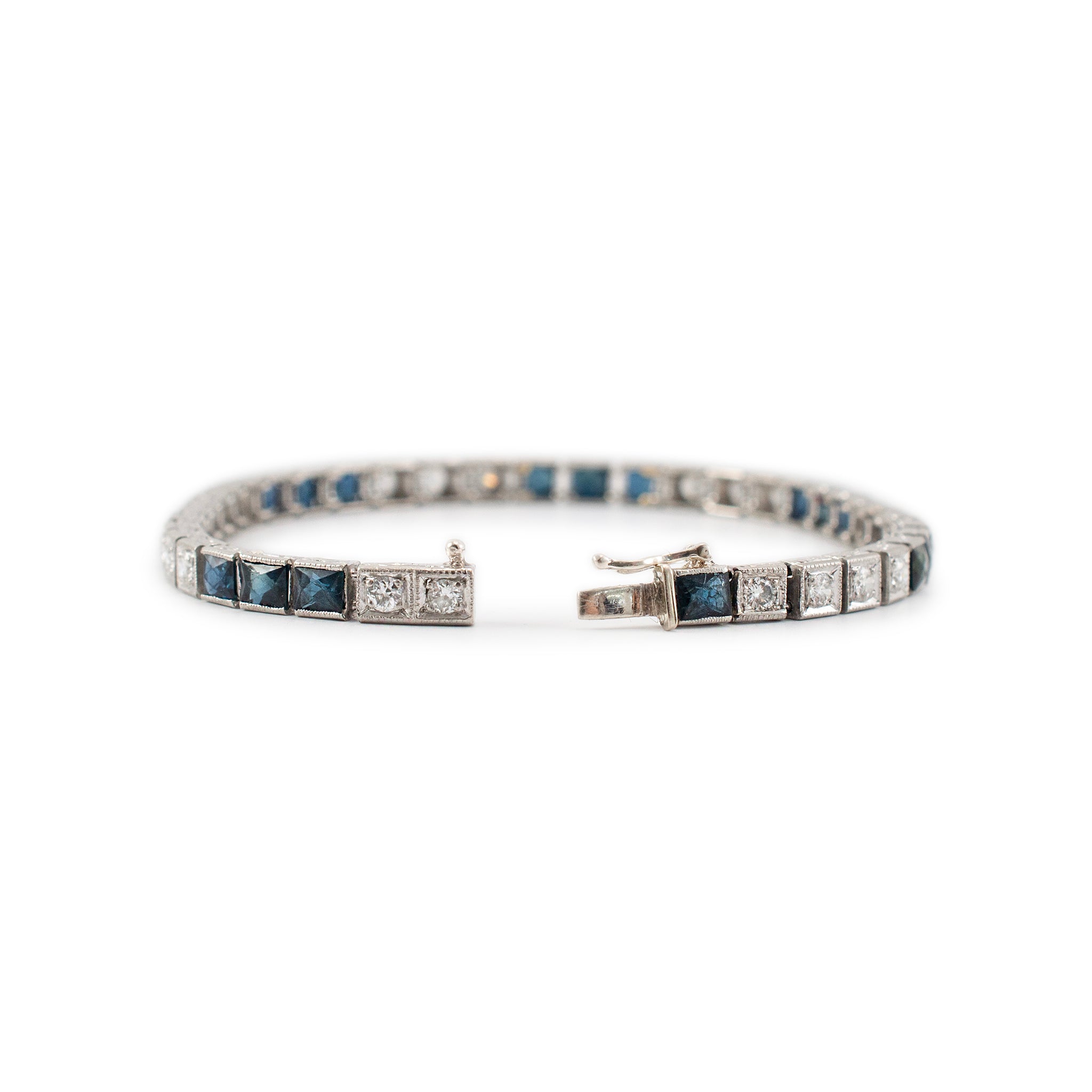 Antique Art Deco Platinum Old European Diamond & Sapphire Tennis Bracelet