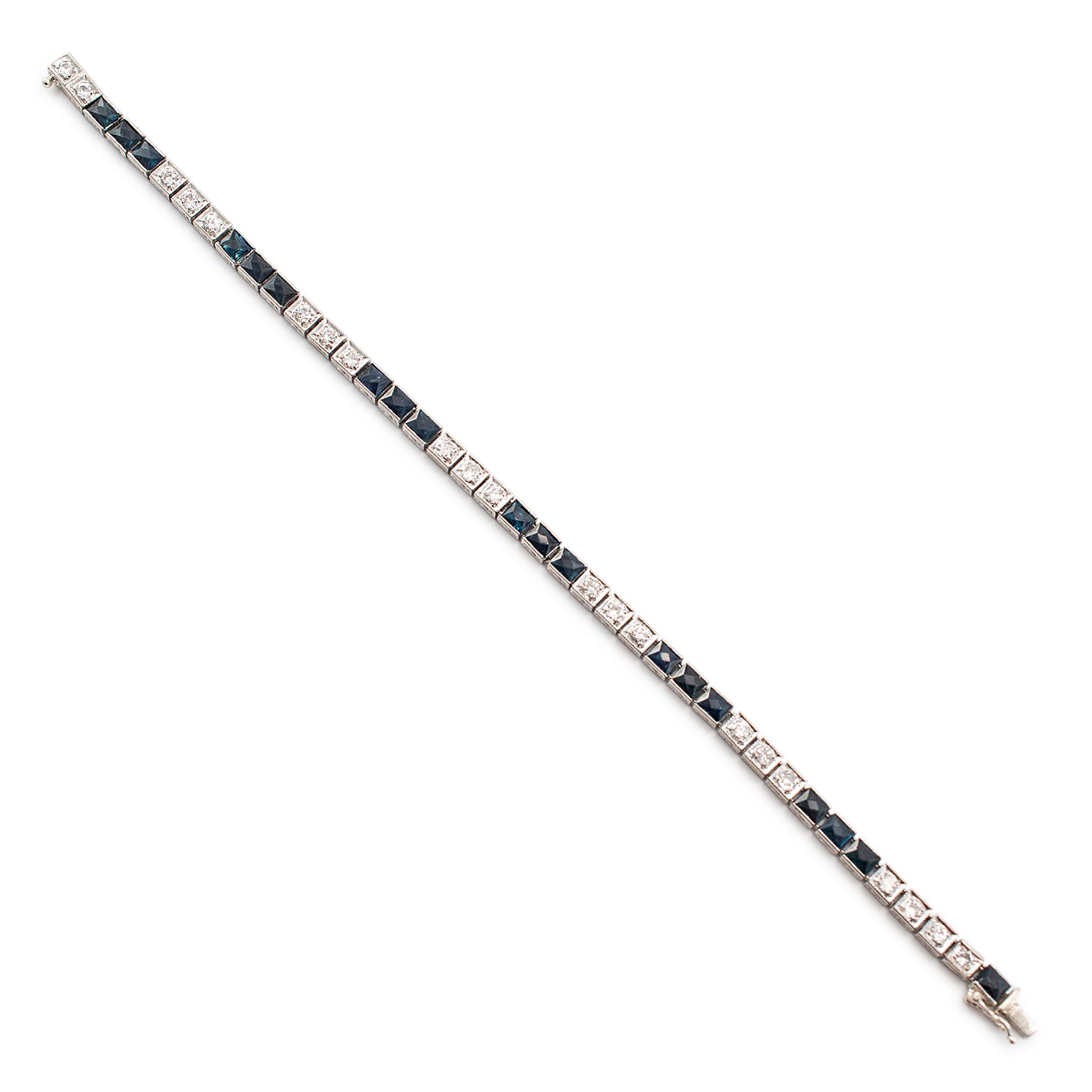 Antique Art Deco Platinum Old European Diamond & Sapphire Tennis Bracelet
