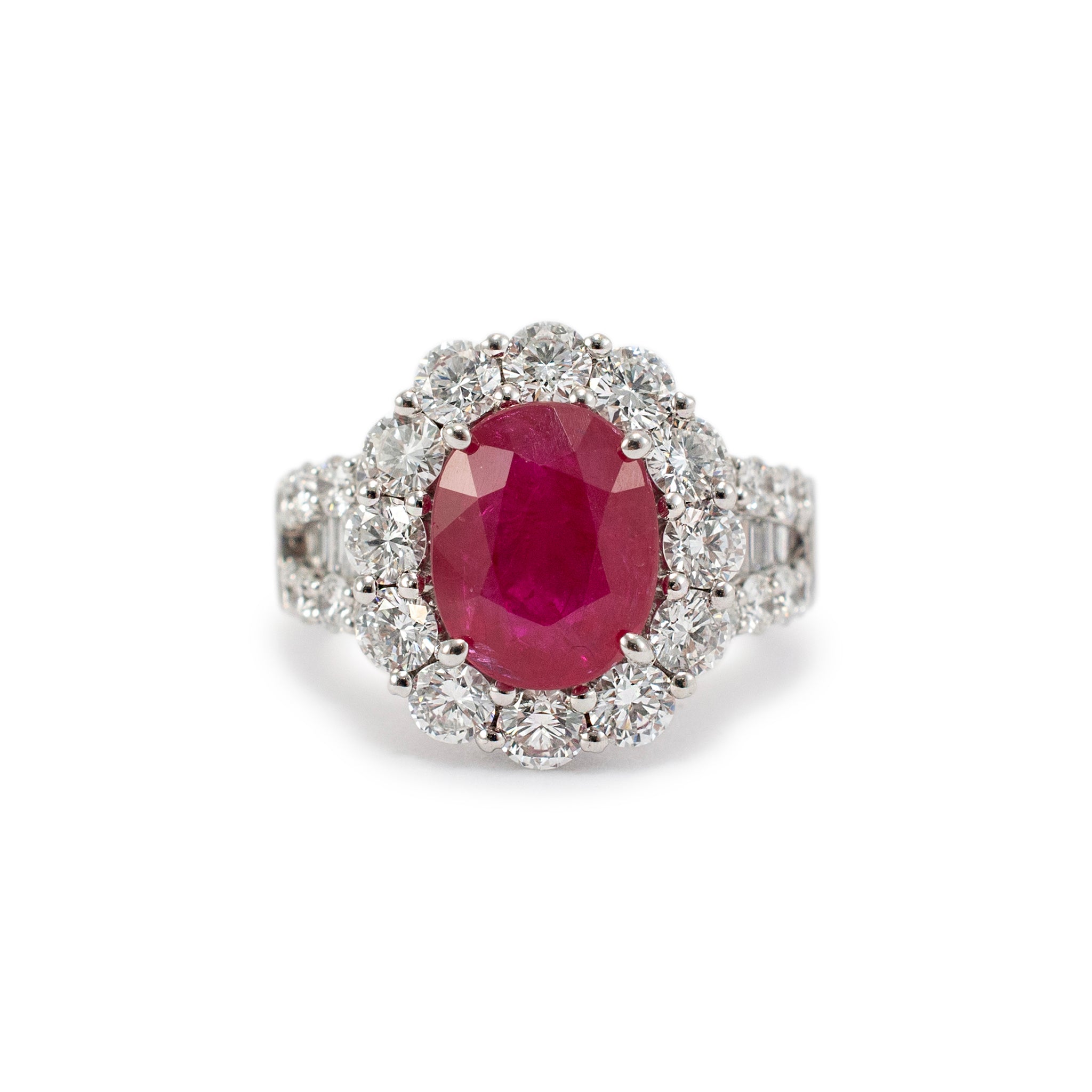 Ladies 18K White Gold Ruby Halo Accented Diamond Cocktail Ring