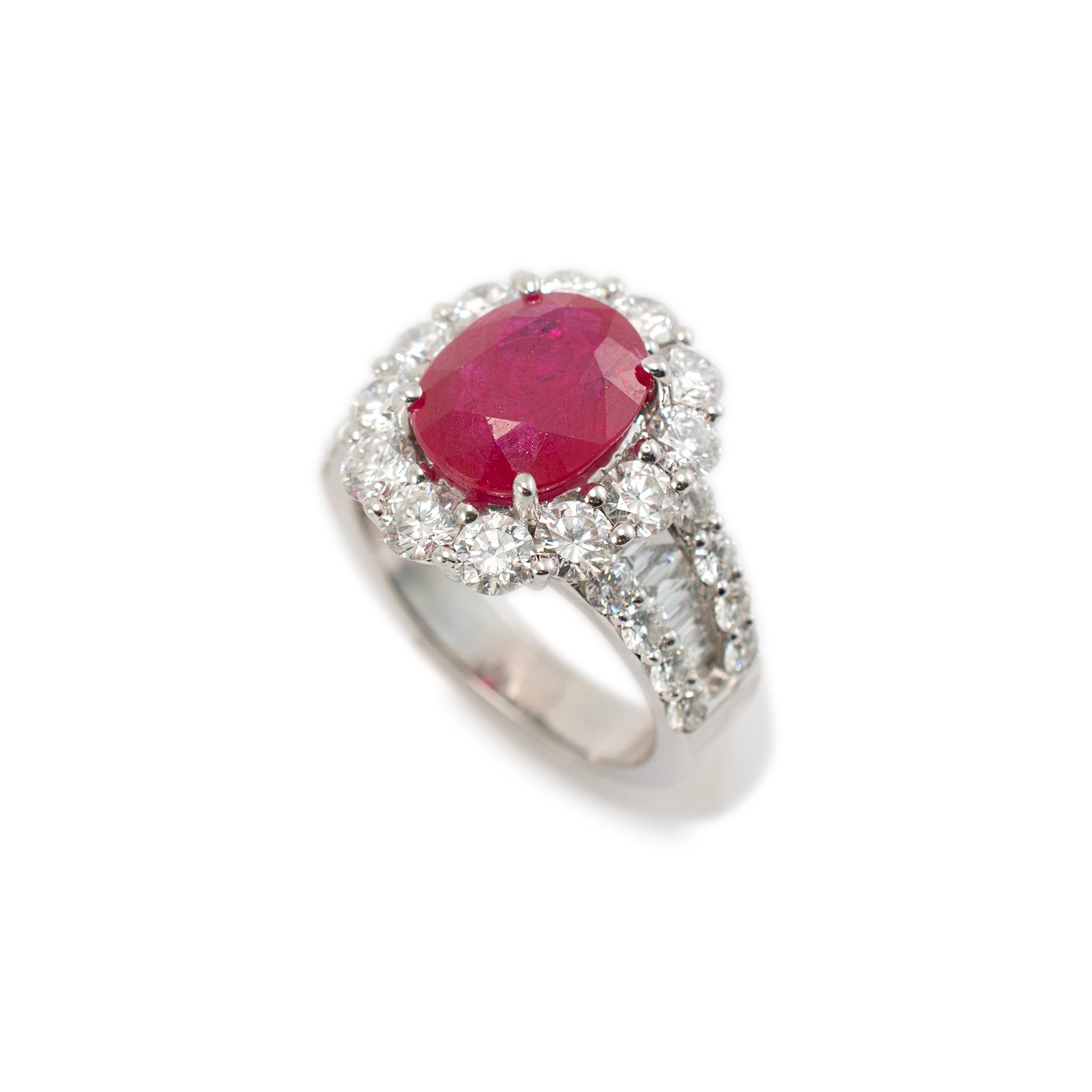 Ladies 18K White Gold Ruby Halo Accented Diamond Cocktail Ring