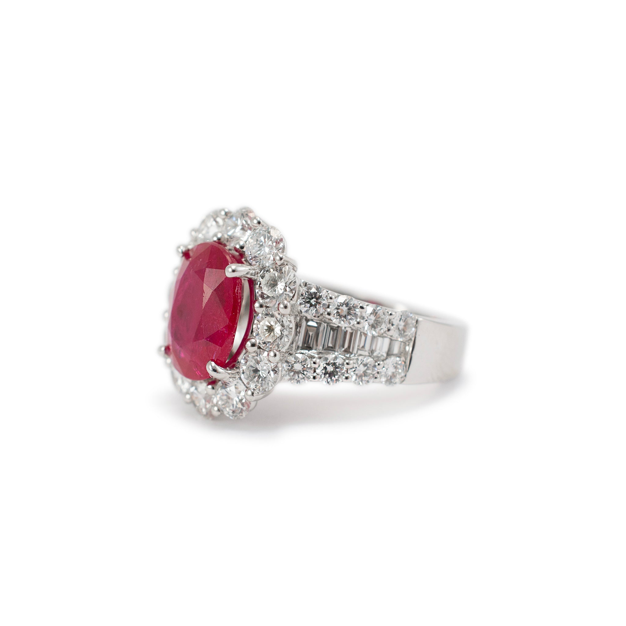 Ladies 18K White Gold Ruby Halo Accented Diamond Cocktail Ring