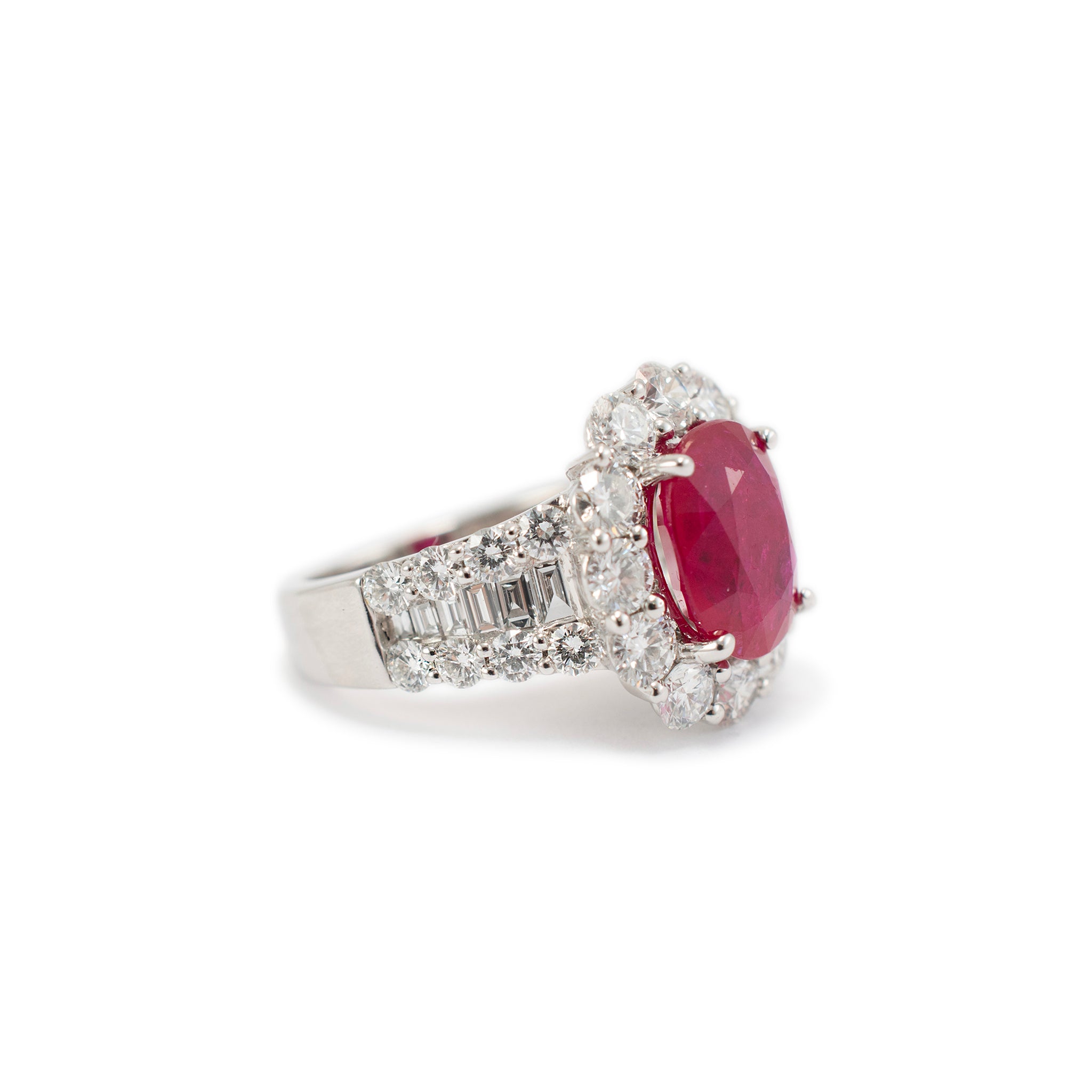 Ladies 18K White Gold Ruby Halo Accented Diamond Cocktail Ring