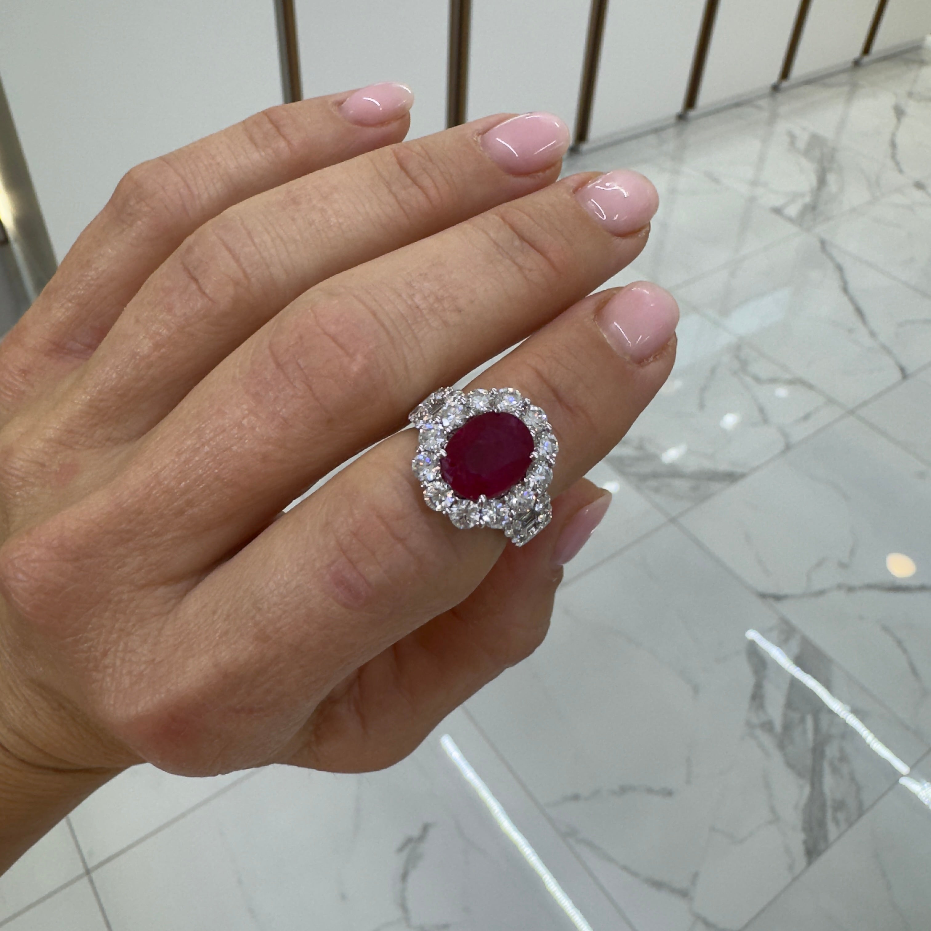 Ladies 18K White Gold Ruby Halo Accented Diamond Cocktail Ring