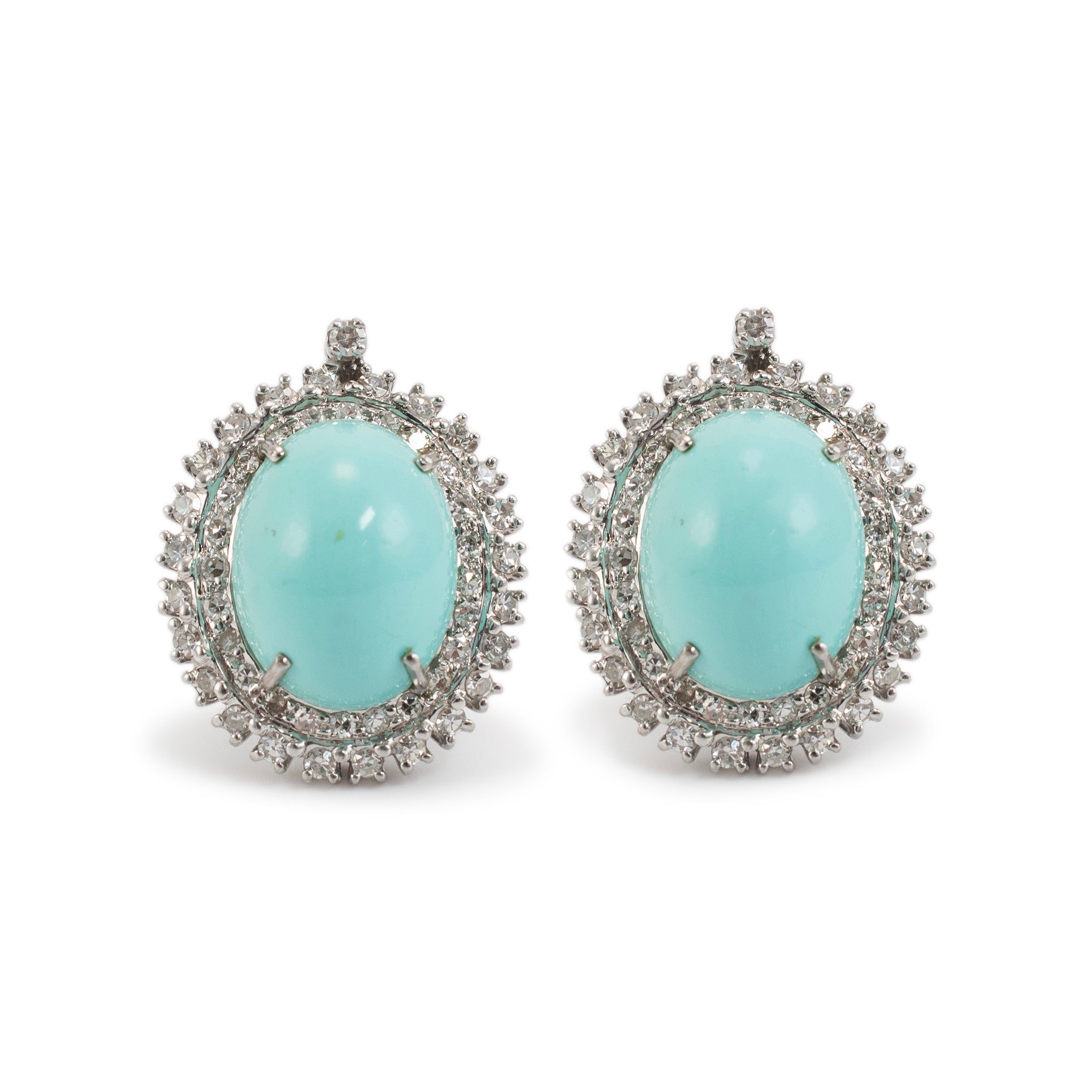 Ladies Vintage Mixed Metals Turquoise Halo Diamond Clip on Stud Earrings