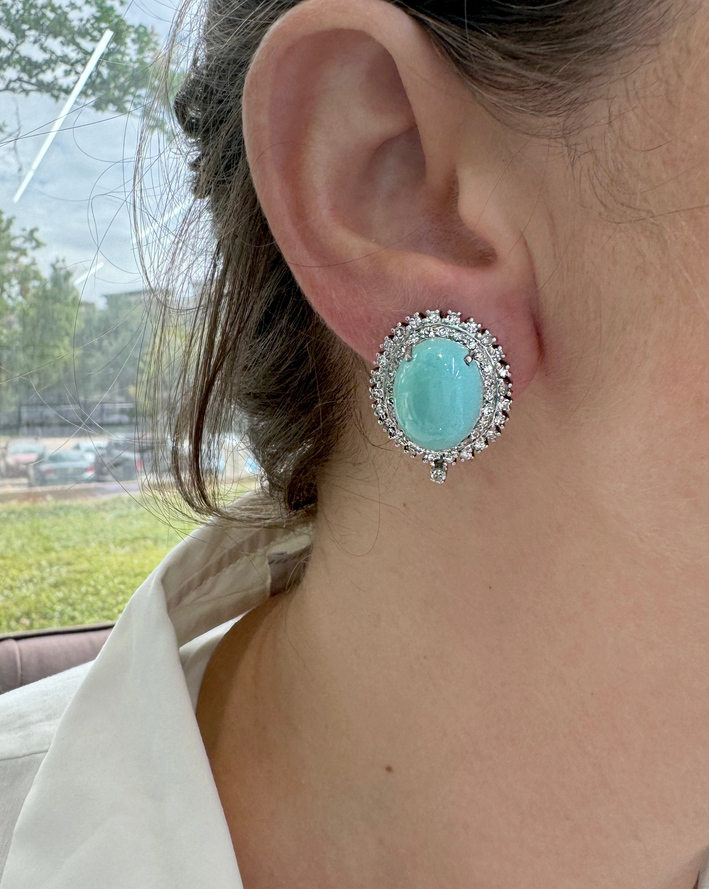 Ladies Vintage Mixed Metals Turquoise Halo Diamond Clip on Stud Earrings