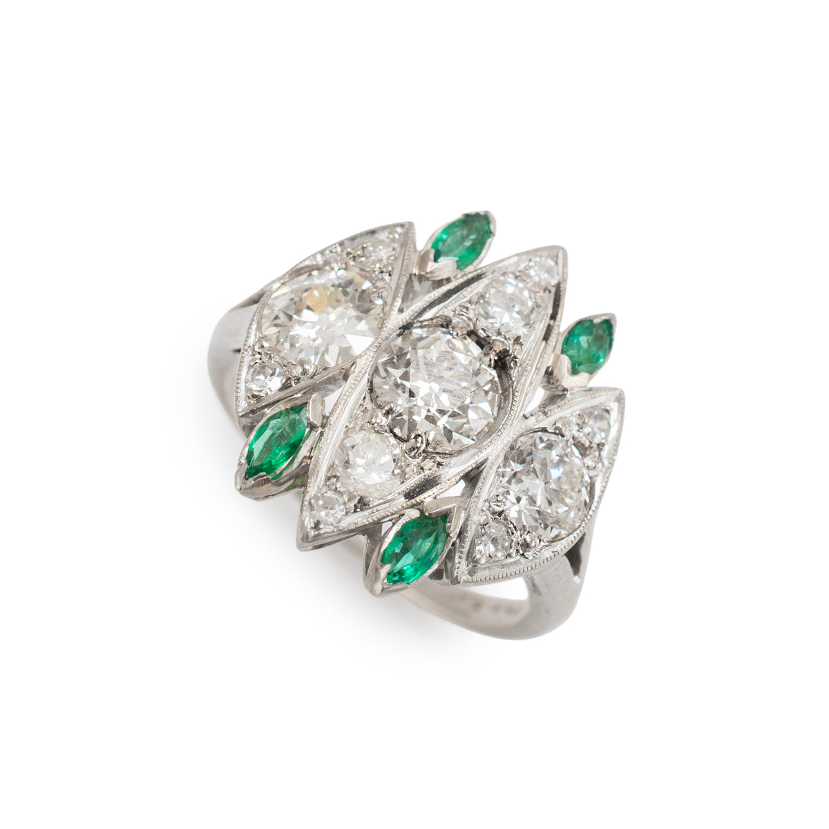 Antique Art Deco Platinum Ctw Old Cut Diamond & Emerald Dinner Cocktail Ring