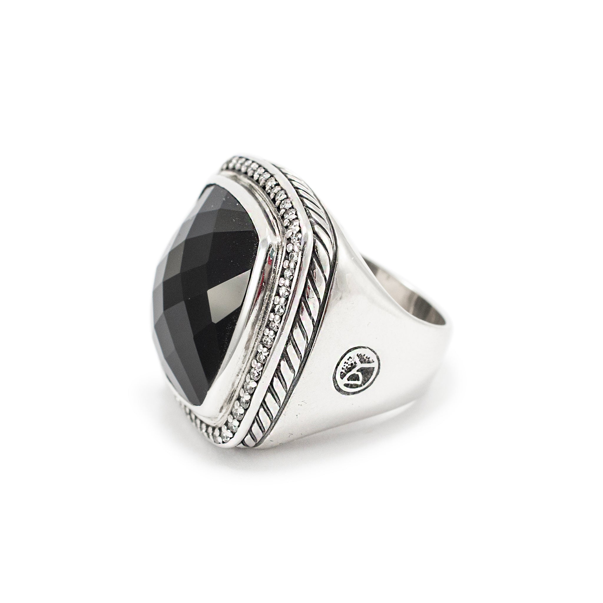 David Yurman 925 Sterling Silver Black Onyx Halo Diamond Albion Cocktail Ring