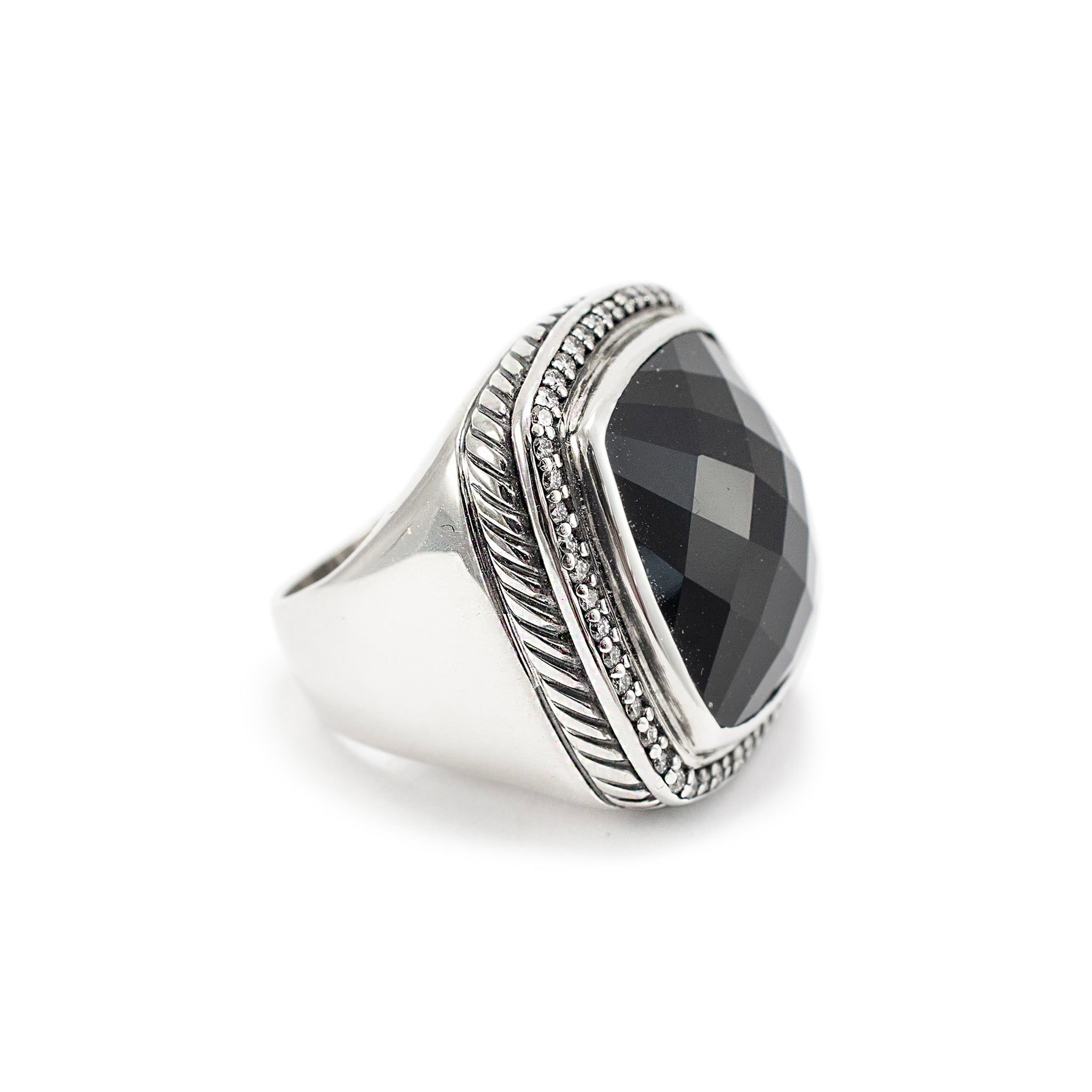 David Yurman 925 Sterling Silver Black Onyx Halo Diamond Albion Cocktail Ring