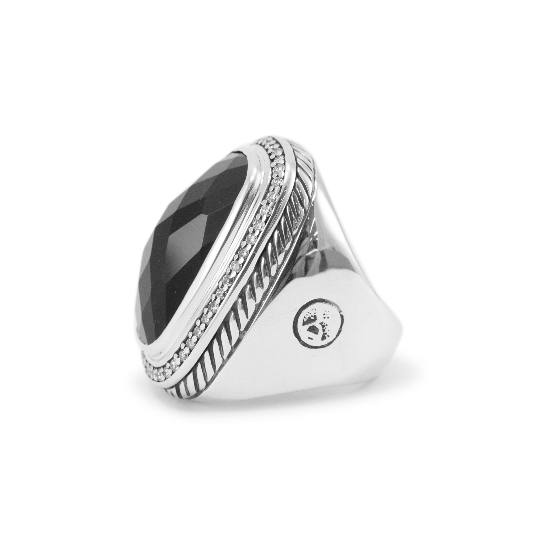 David Yurman 925 Sterling Silver Onyx Halo Diamond Albion Cocktail Ring
