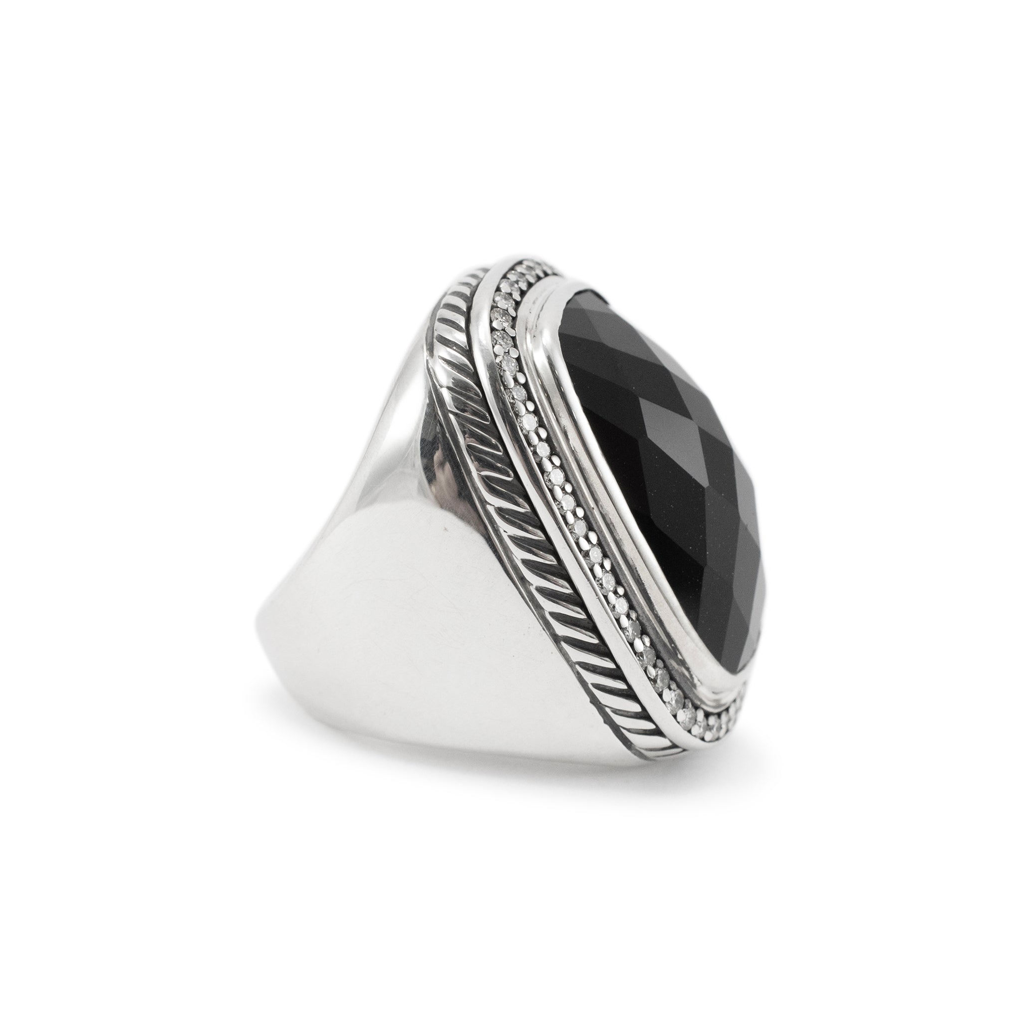 David Yurman 925 Sterling Silver Onyx Halo Diamond Albion Cocktail Ring
