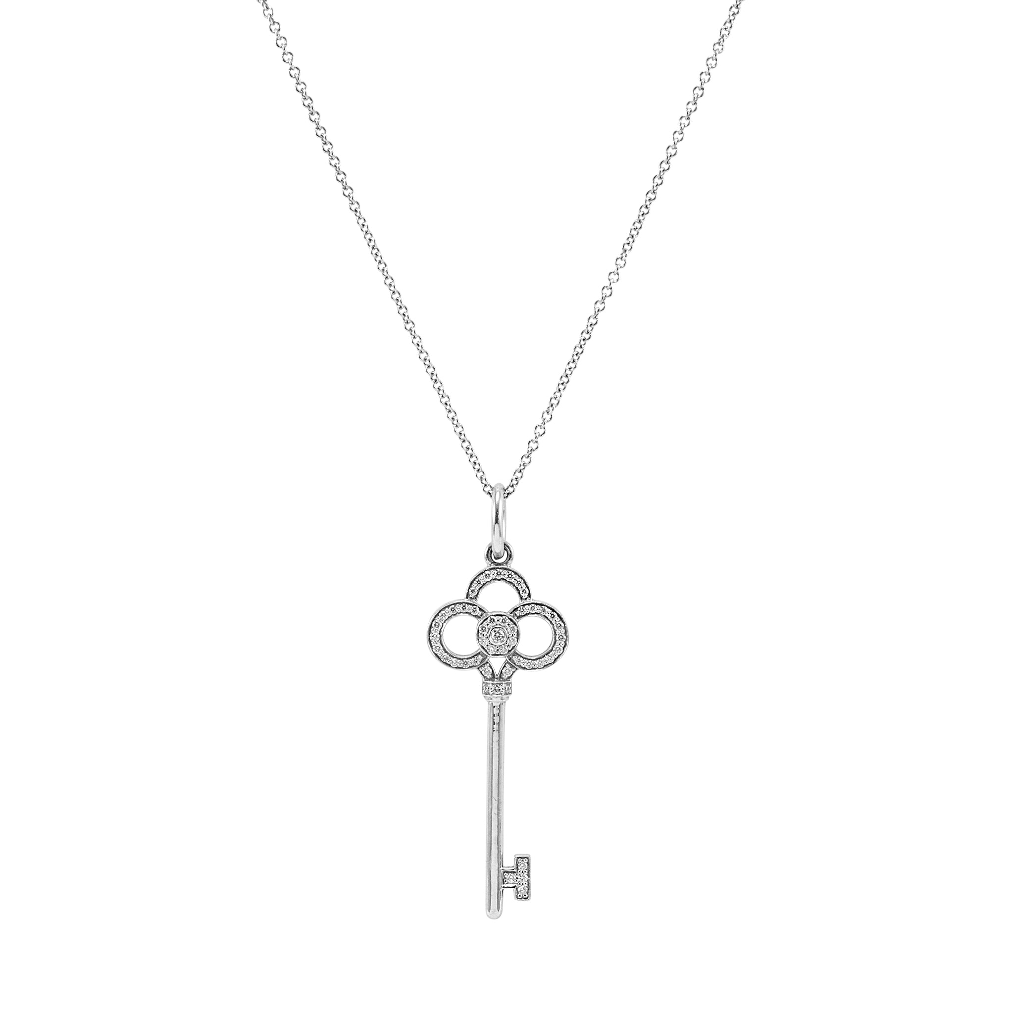 Tiffany & Co. Keys 18K White Gold Pave Diamond Mini Crown Key Pendant Necklace