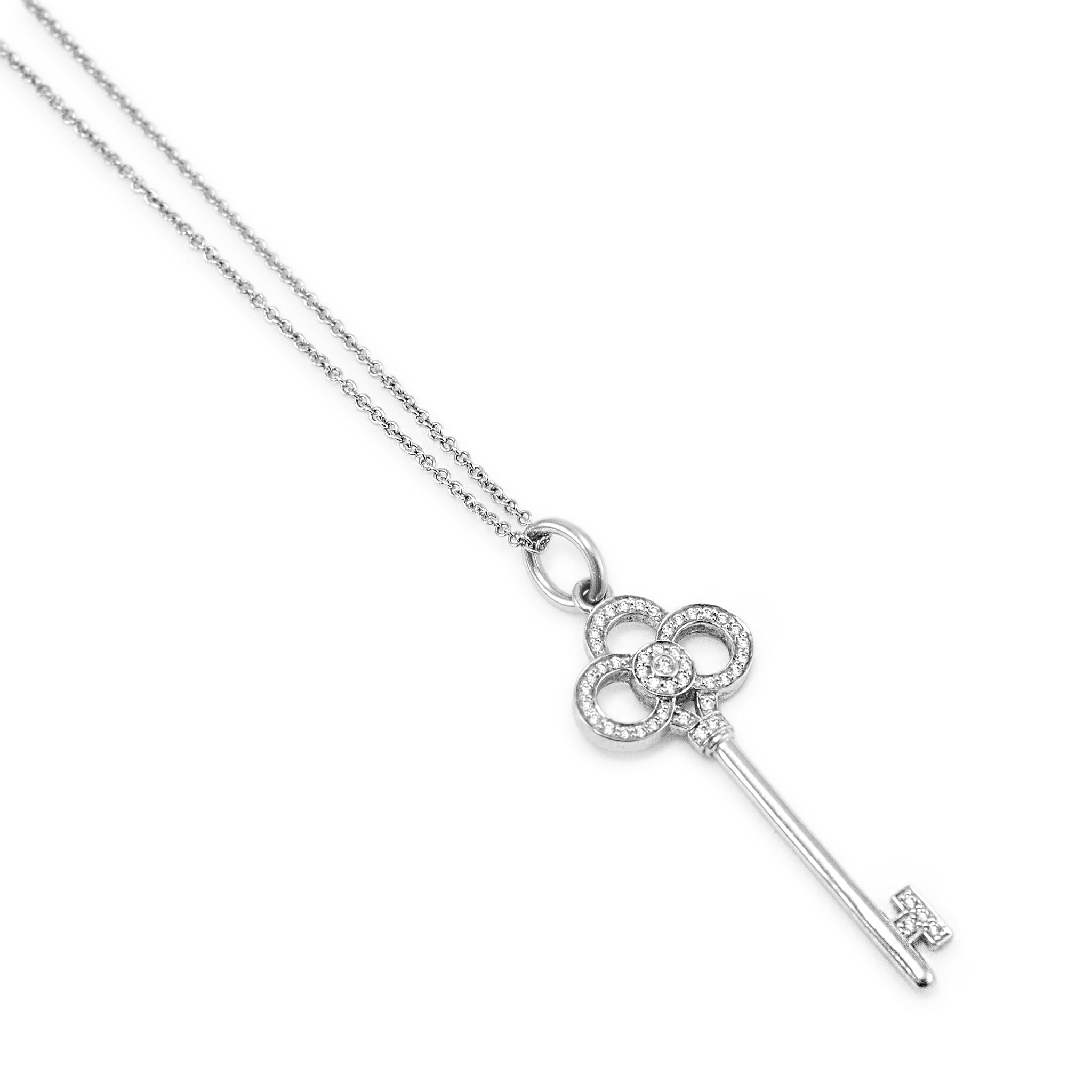 Tiffany & Co. Keys 18K White Gold Pave Diamond Mini Crown Key Pendant Necklace