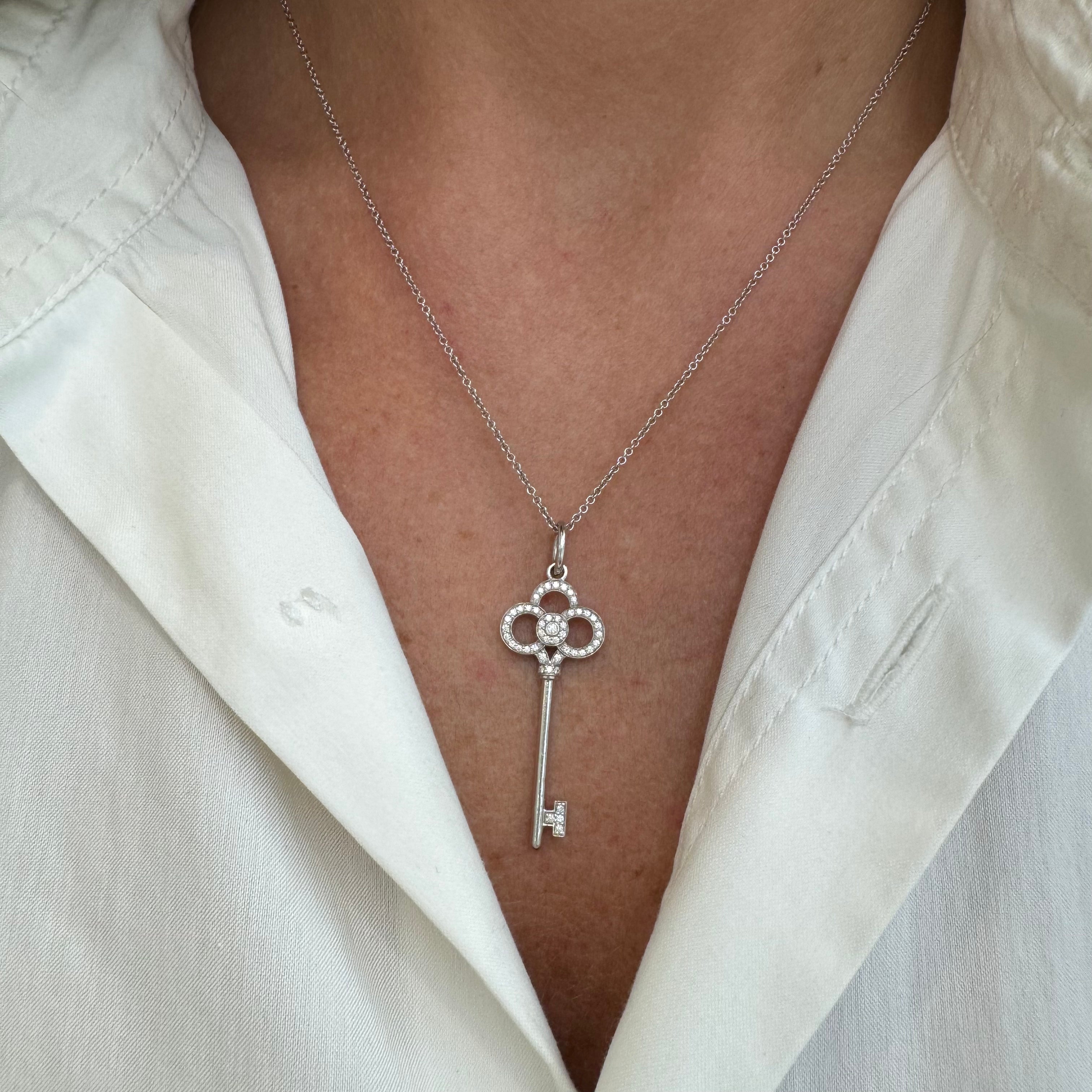 Tiffany & Co. Keys 18K White Gold Pave Diamond Mini Crown Key Pendant Necklace