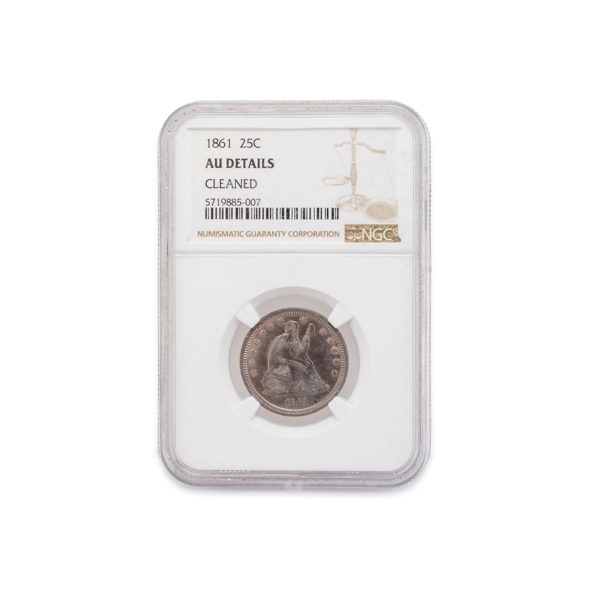 1861 NGC AU Details-Cleaned Silver 25C Seated Liberty Coin
