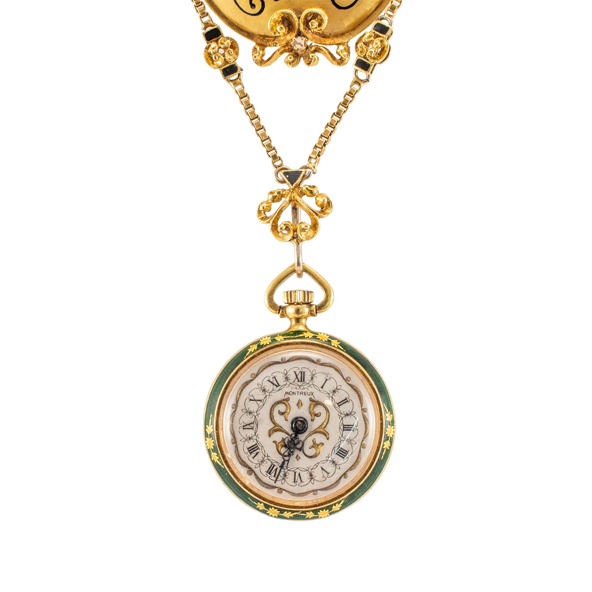 Antique Victorian Yellow Gold Rose Cut Enamel Brooch Montreux Pocket Watch Set