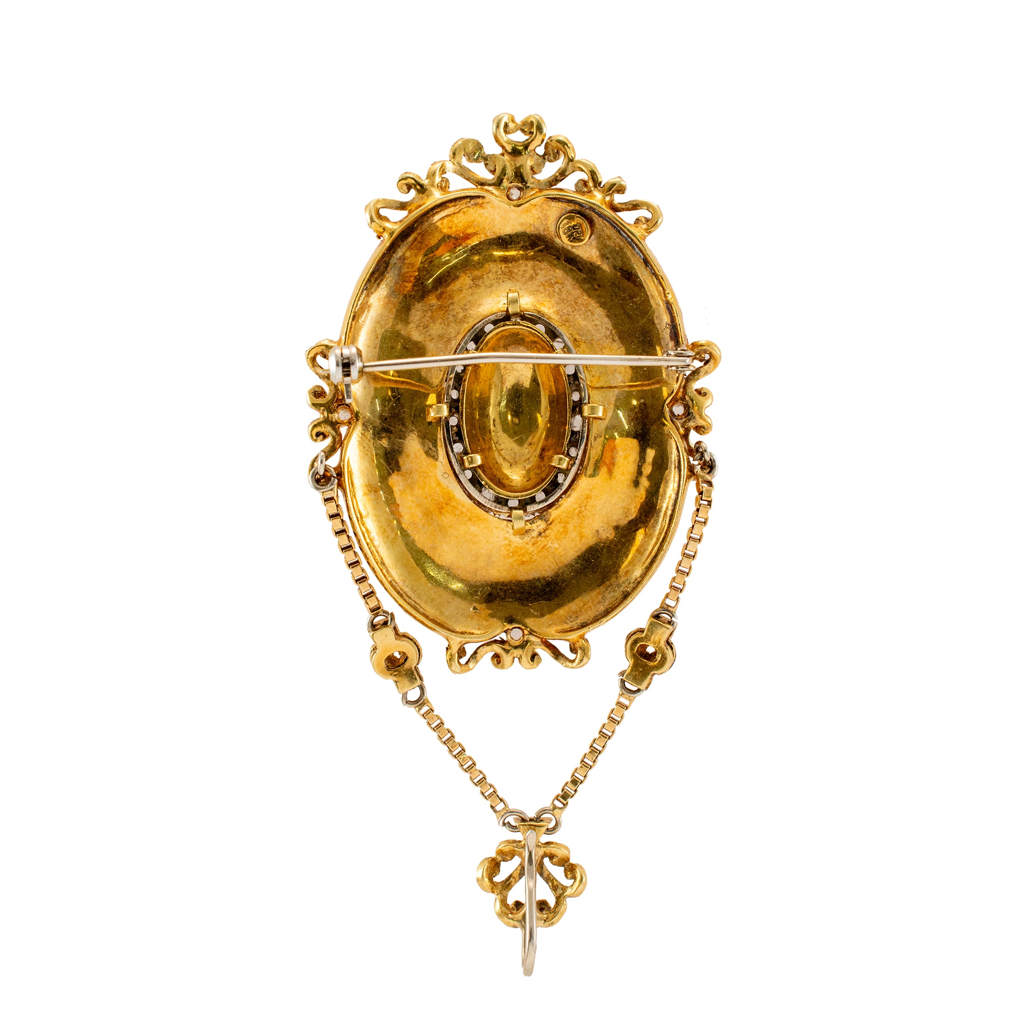 Antique Victorian Yellow Gold Rose Cut Enamel Brooch Montreux Pocket Watch Set