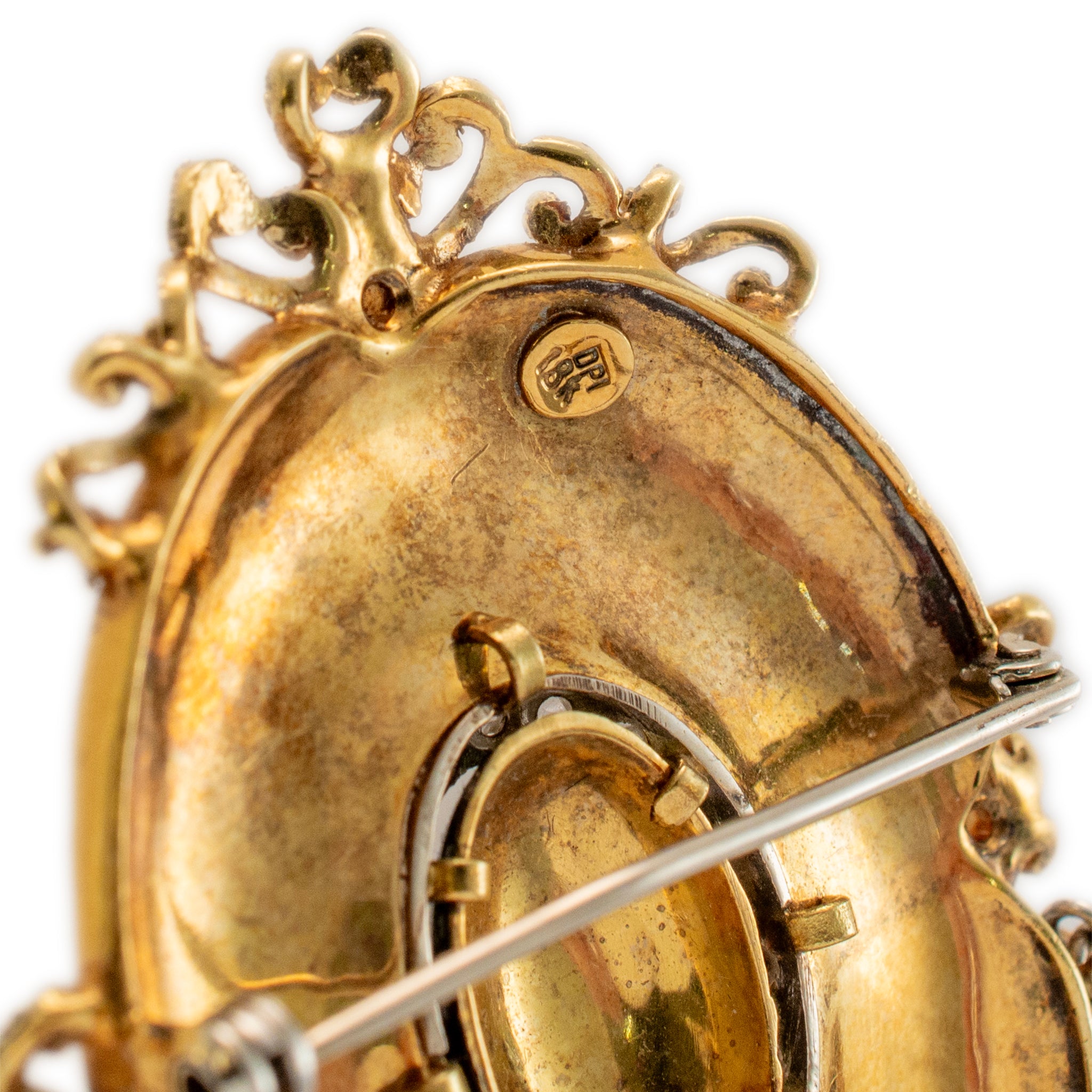 Antique Victorian Yellow Gold Rose Cut Enamel Brooch Montreux Pocket Watch Set