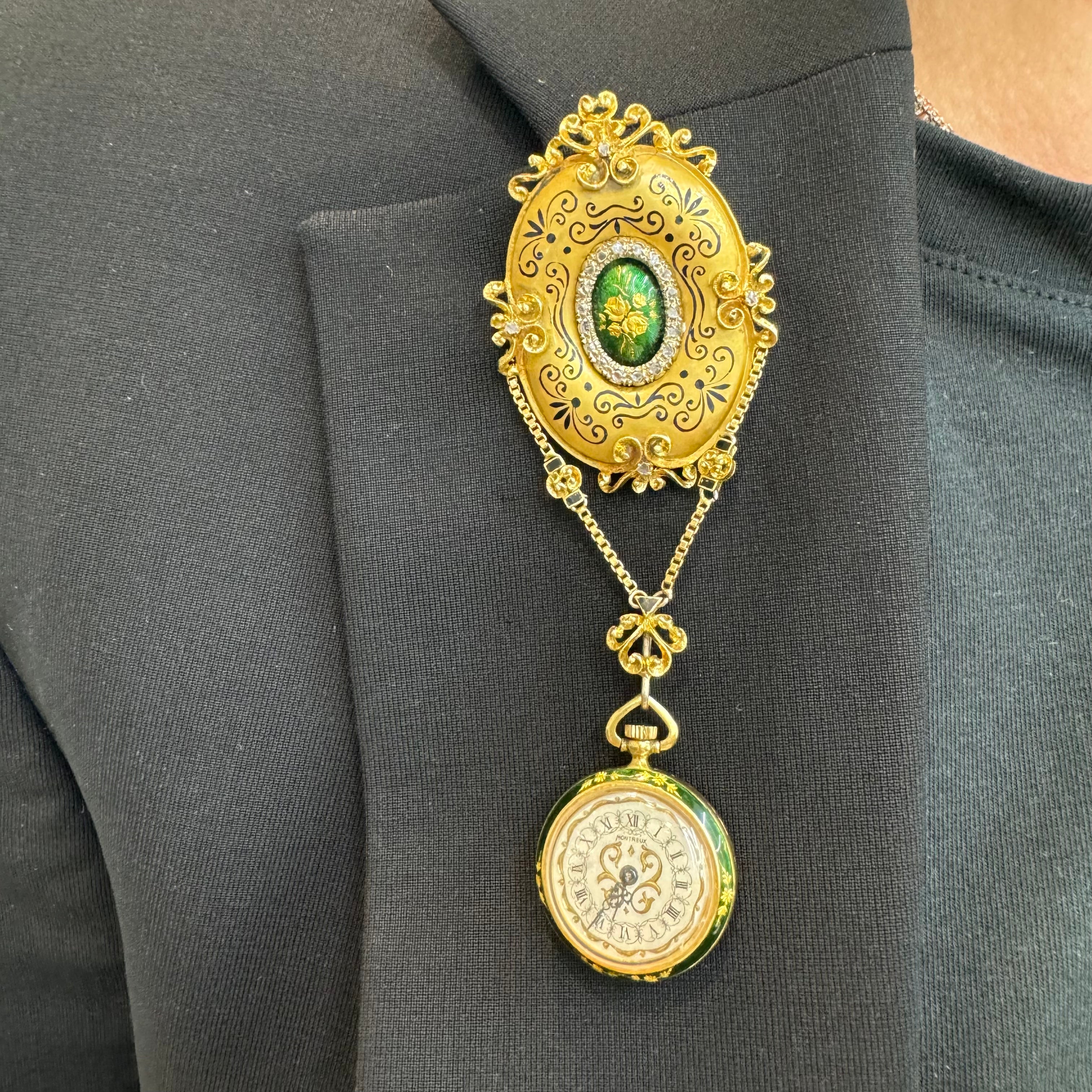 Antique Victorian Yellow Gold Rose Cut Enamel Brooch Montreux Pocket Watch Set